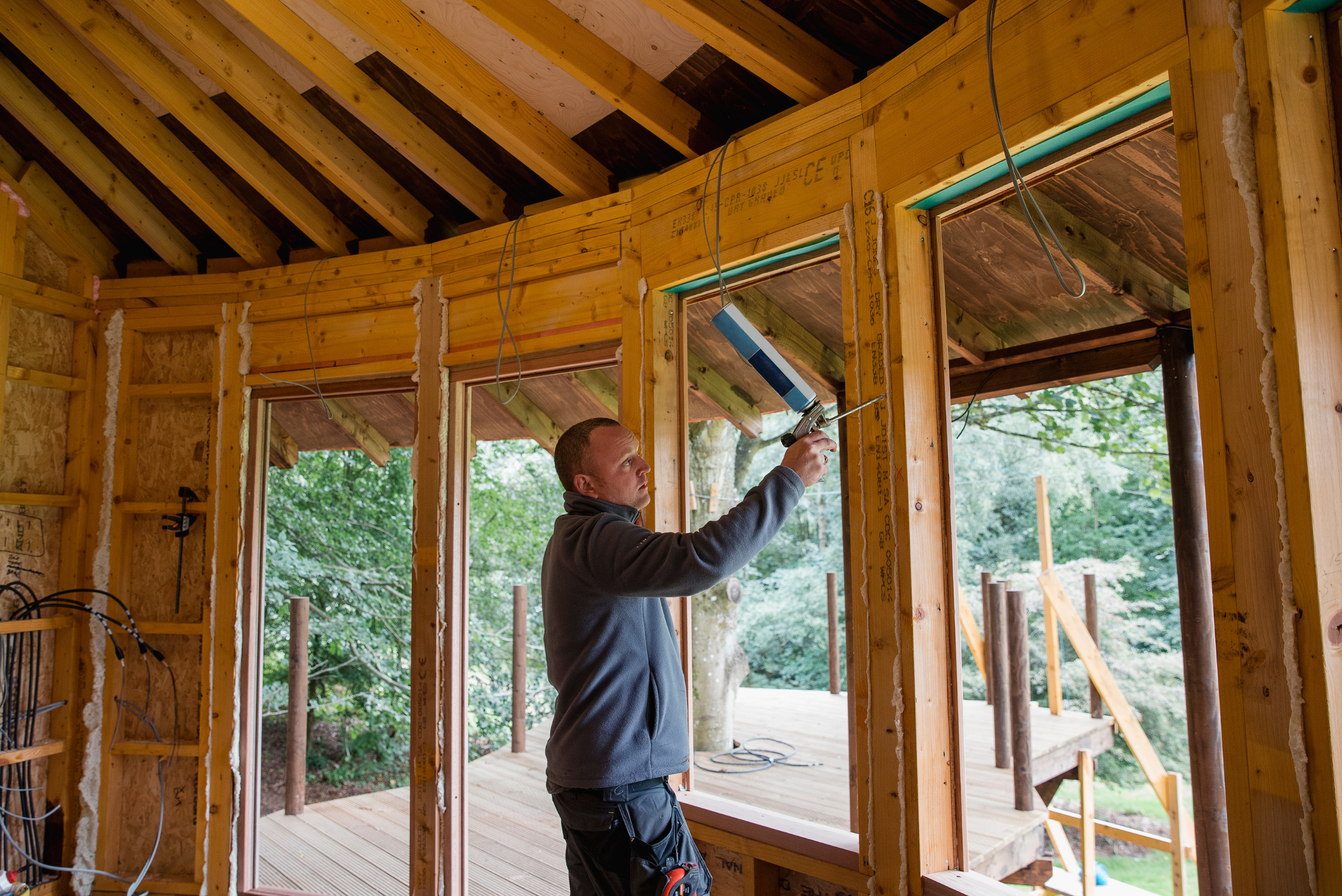 Framing and windows of the inside of a treehouse.