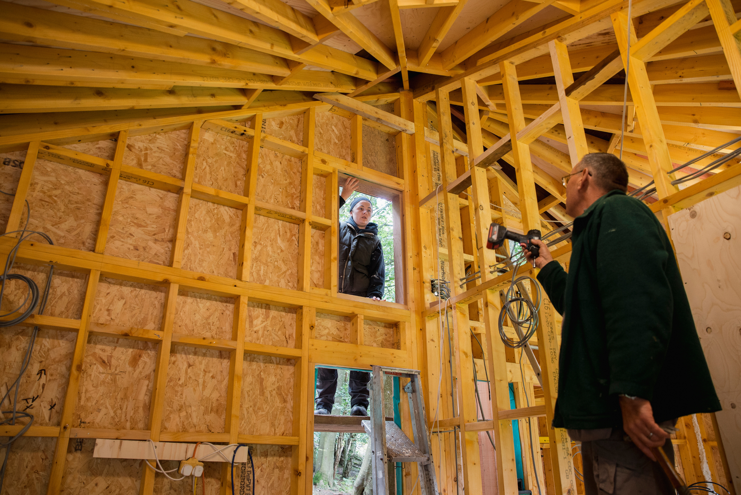 Inside of a treehouse build.