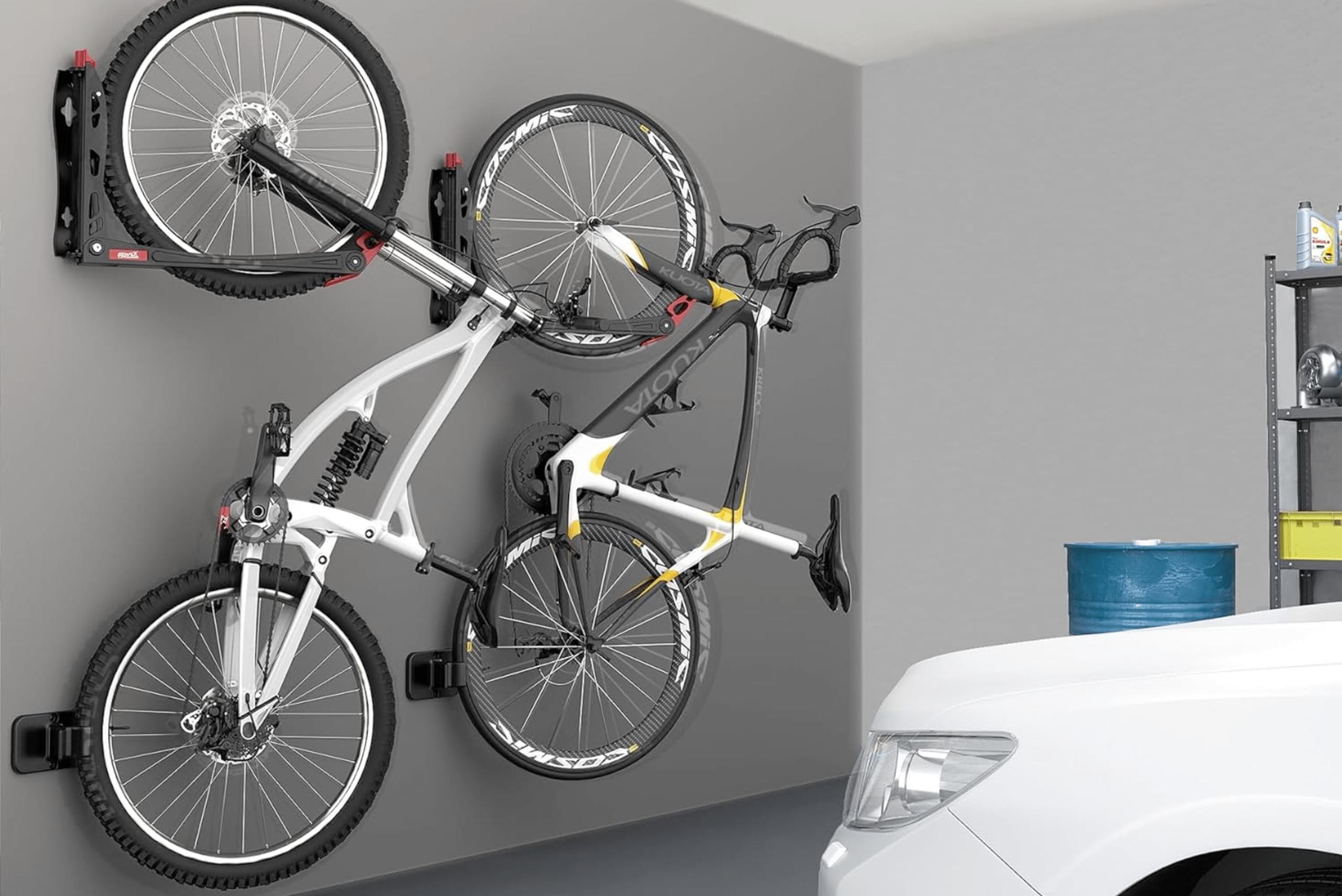 Bikes mounted on a wall garage bike rack.