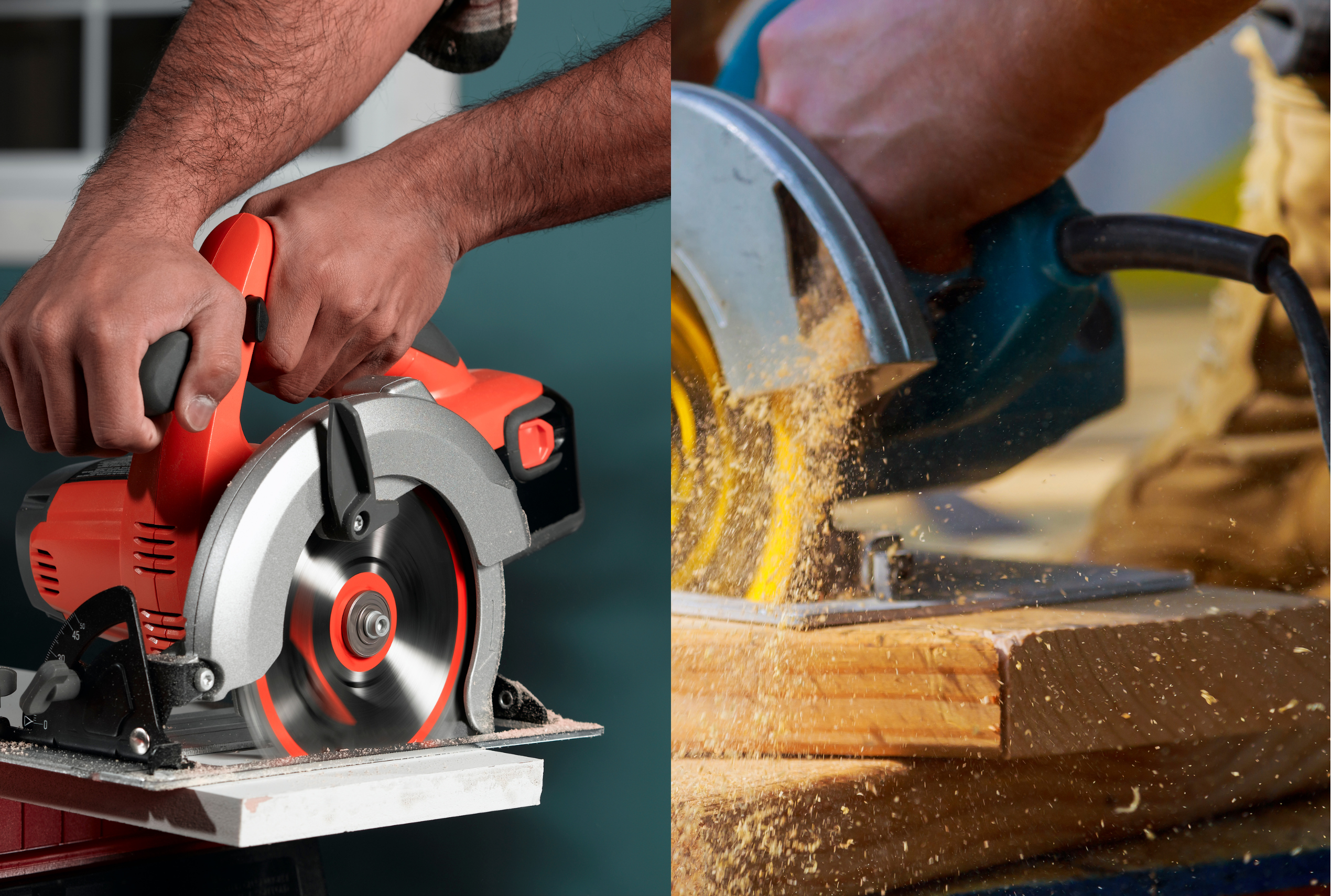 Cordless orange circular saw cutting wood on the left and a corded circular cutting wood on the right.