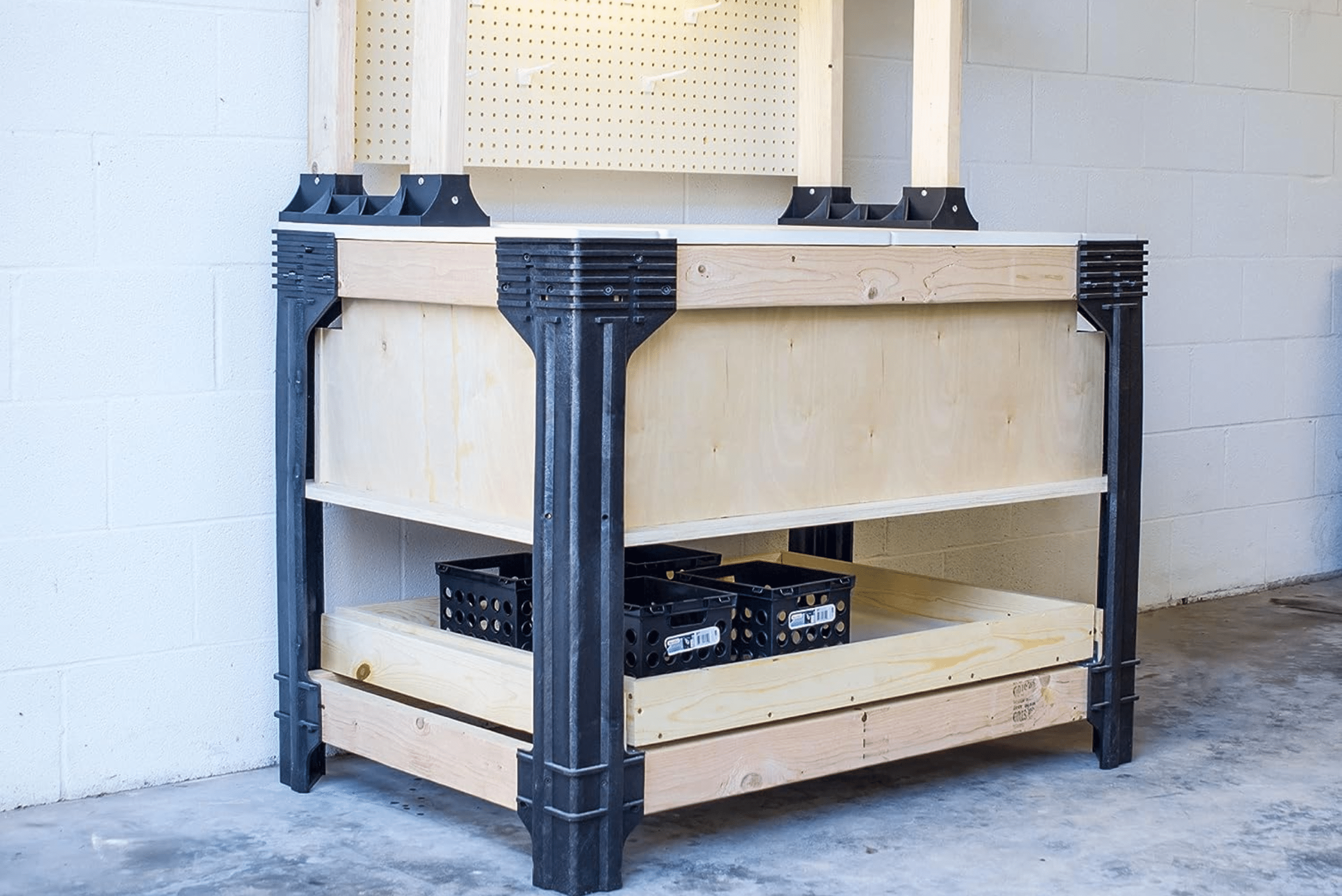 DIY workbench with pegboard back.