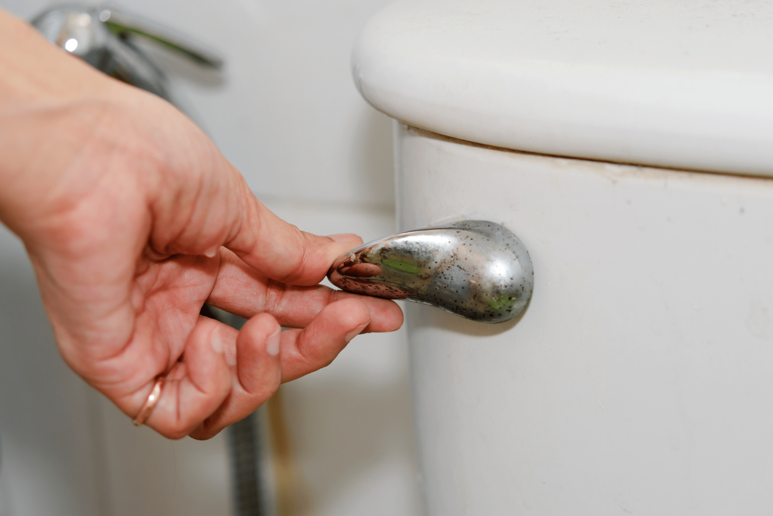 A closeup of a hand flushing toilet.
