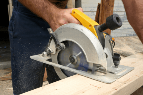 Person using circular saw to cut wood.