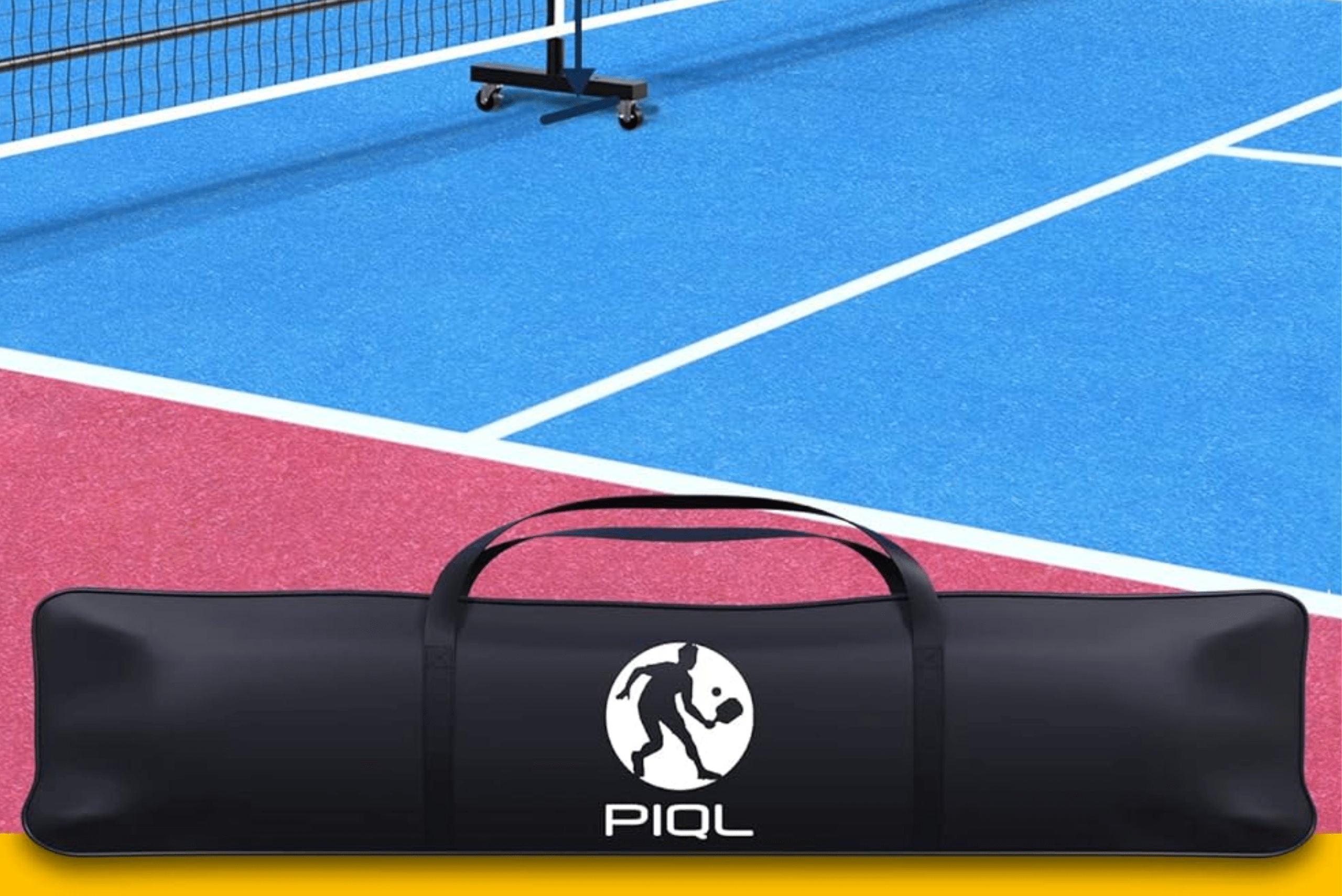 A duffle bag for carrying a pickleball net.