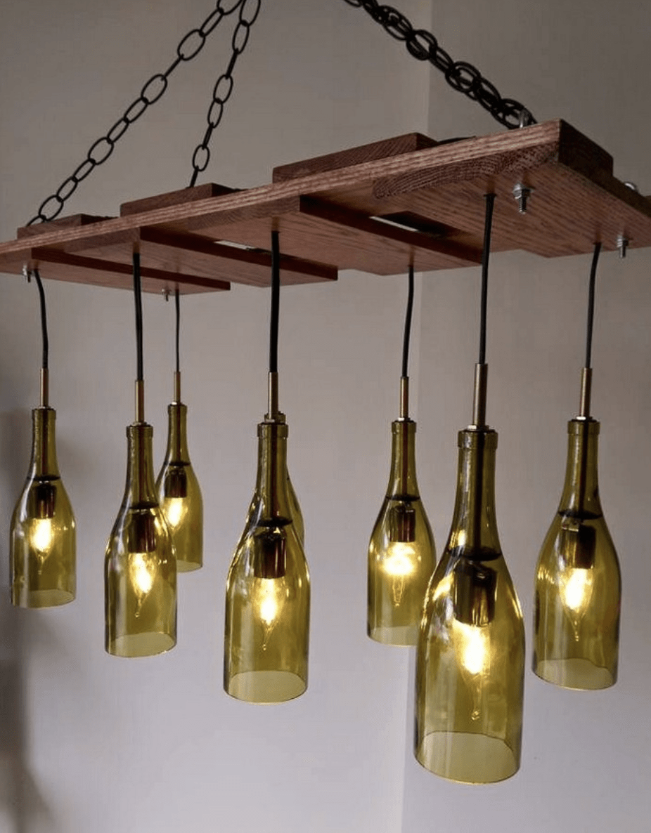 wine bottle chandelier with wood top