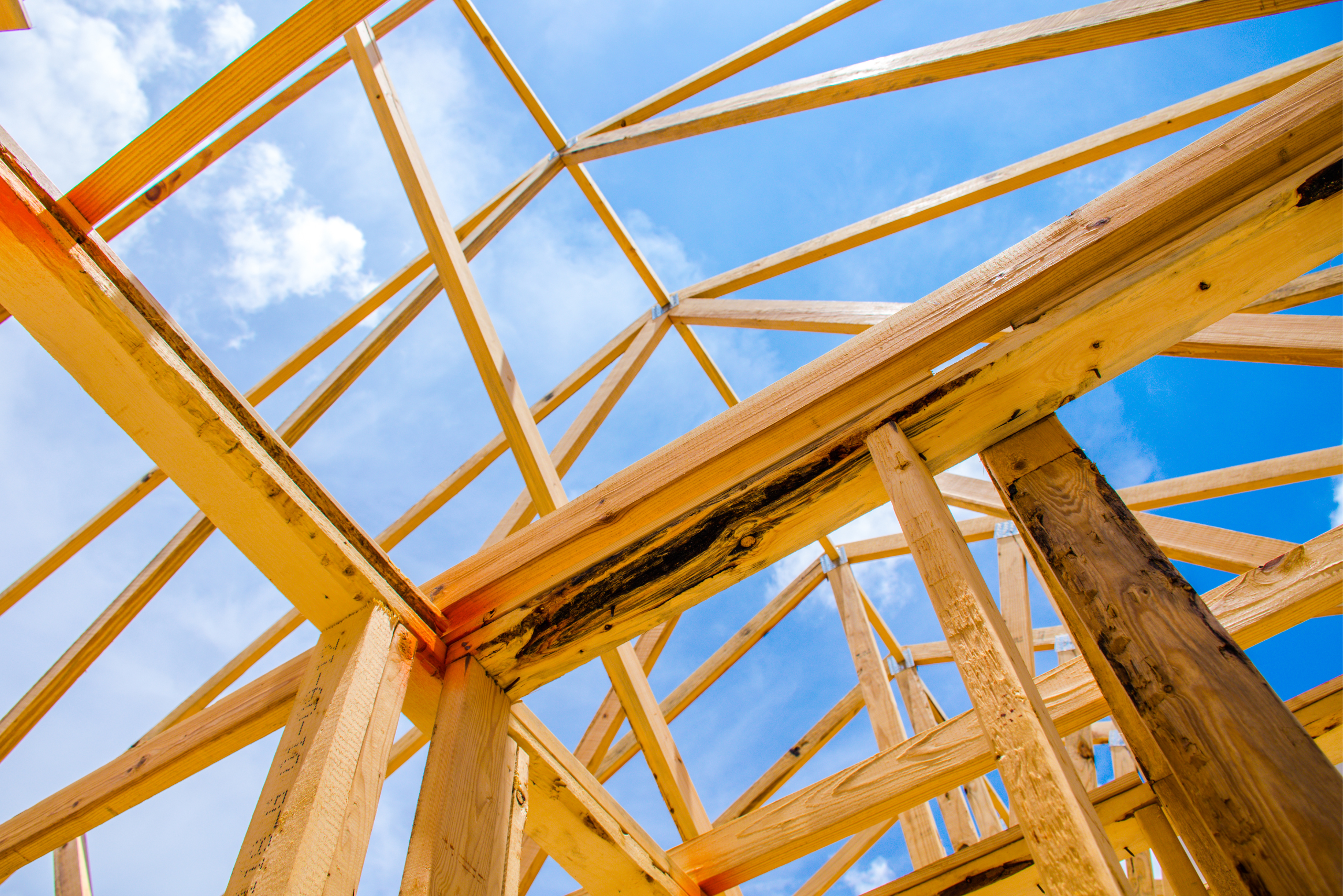 An inside view of a house framing made of 2x4 wood.