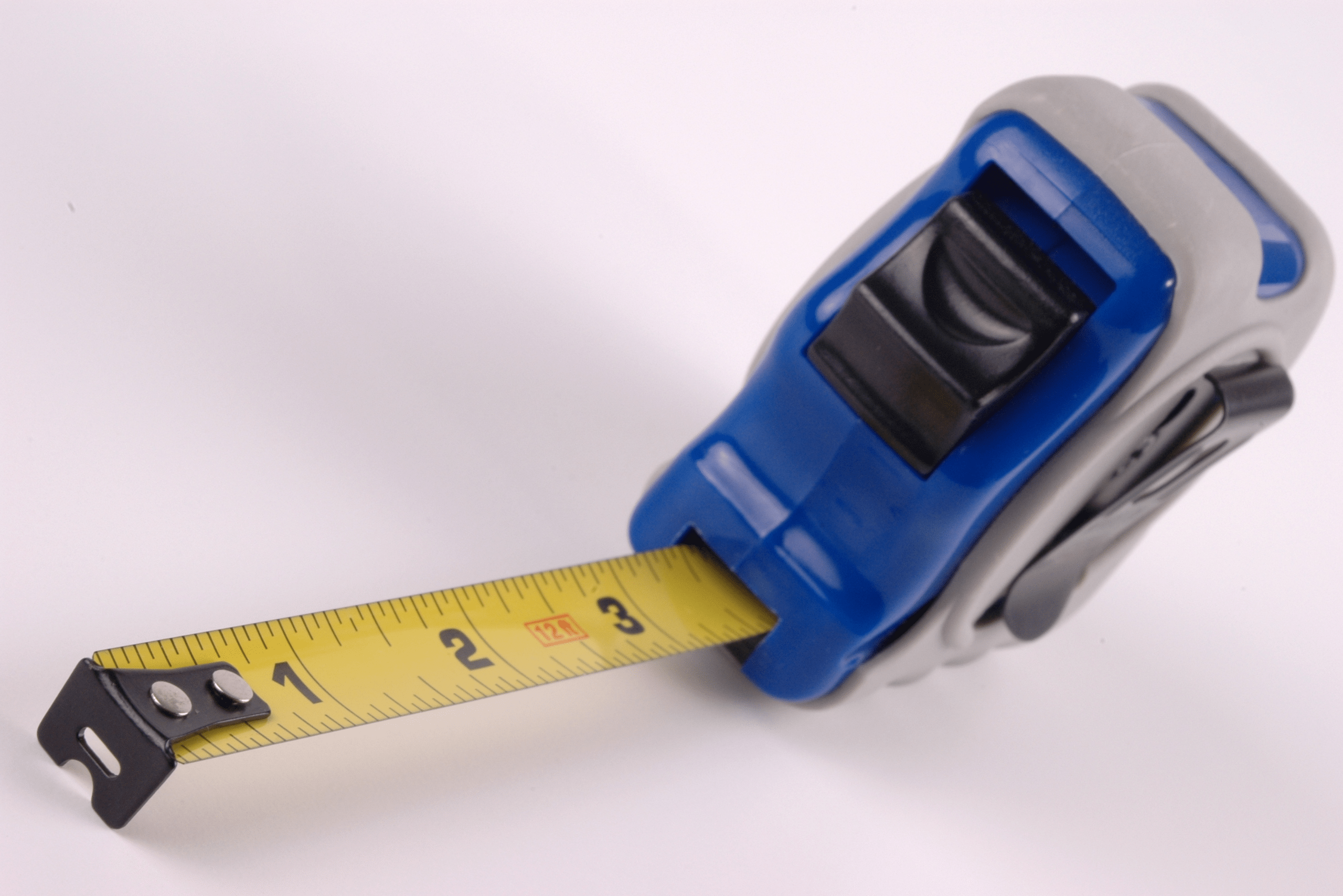 A blue measuring tape with measuring marks.