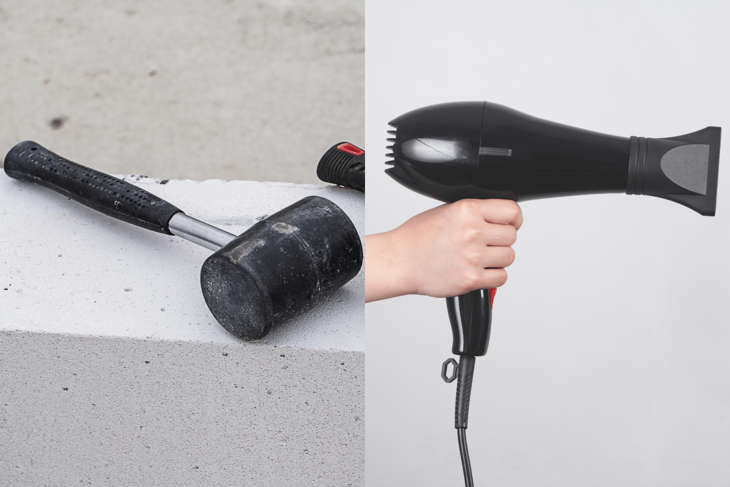 On the left a picture of a mallet and on the right is a hand holding a hair dryer.
