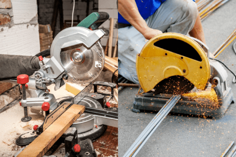 A miter saw cutting on the left and a chop saw cutting on the right.