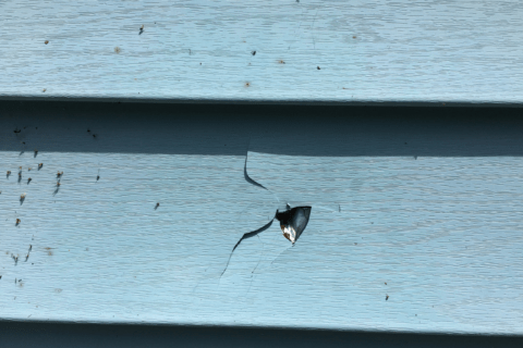 Blue vinyl siding with a hole and few cracks.