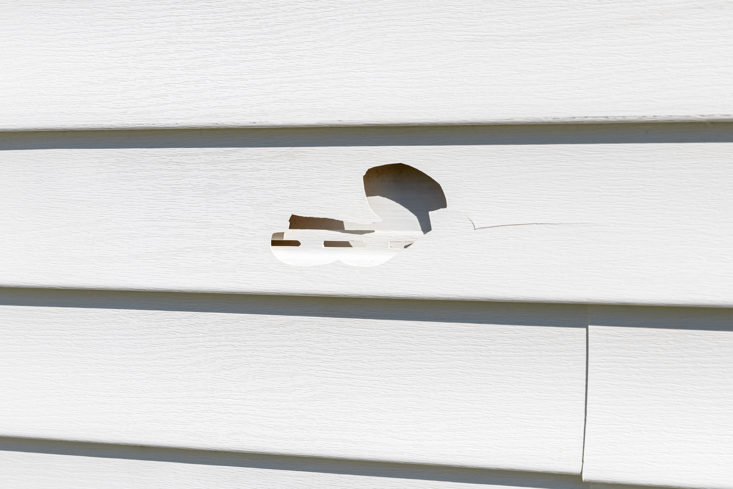A hole in vinyl siding of a home.