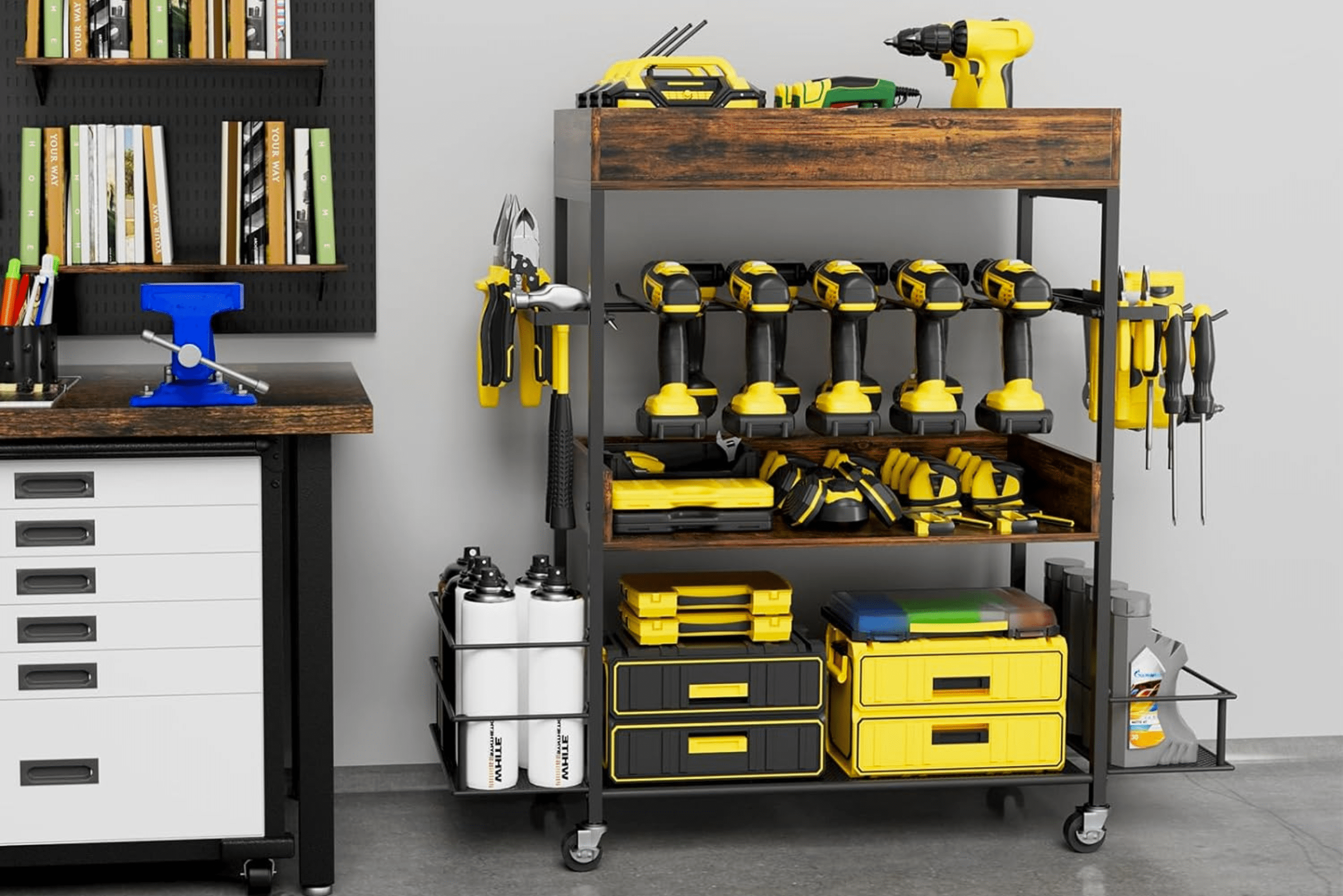 A rolling cart power tool organizer.