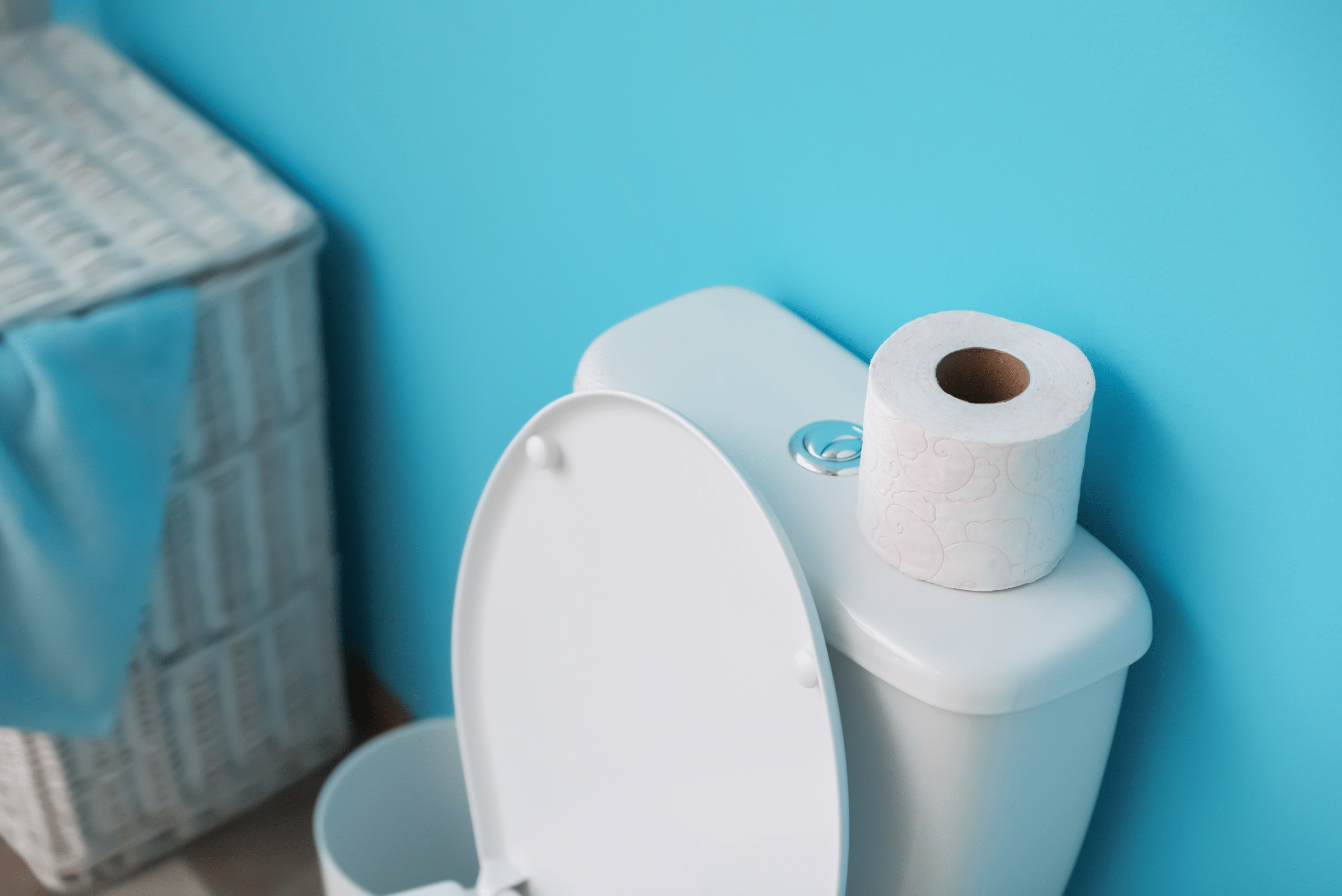 A toilet paper roll on the toilet tank in a bathroom with blue walls.