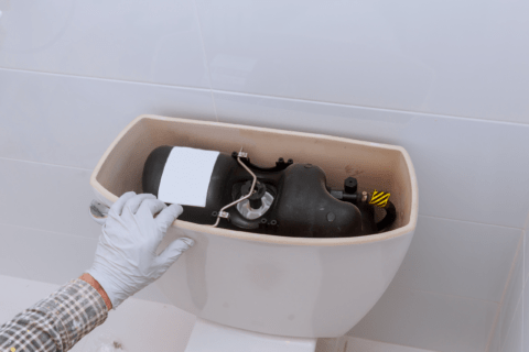 Person's hand wearing gloves holding onto a toilet tank without its lid.