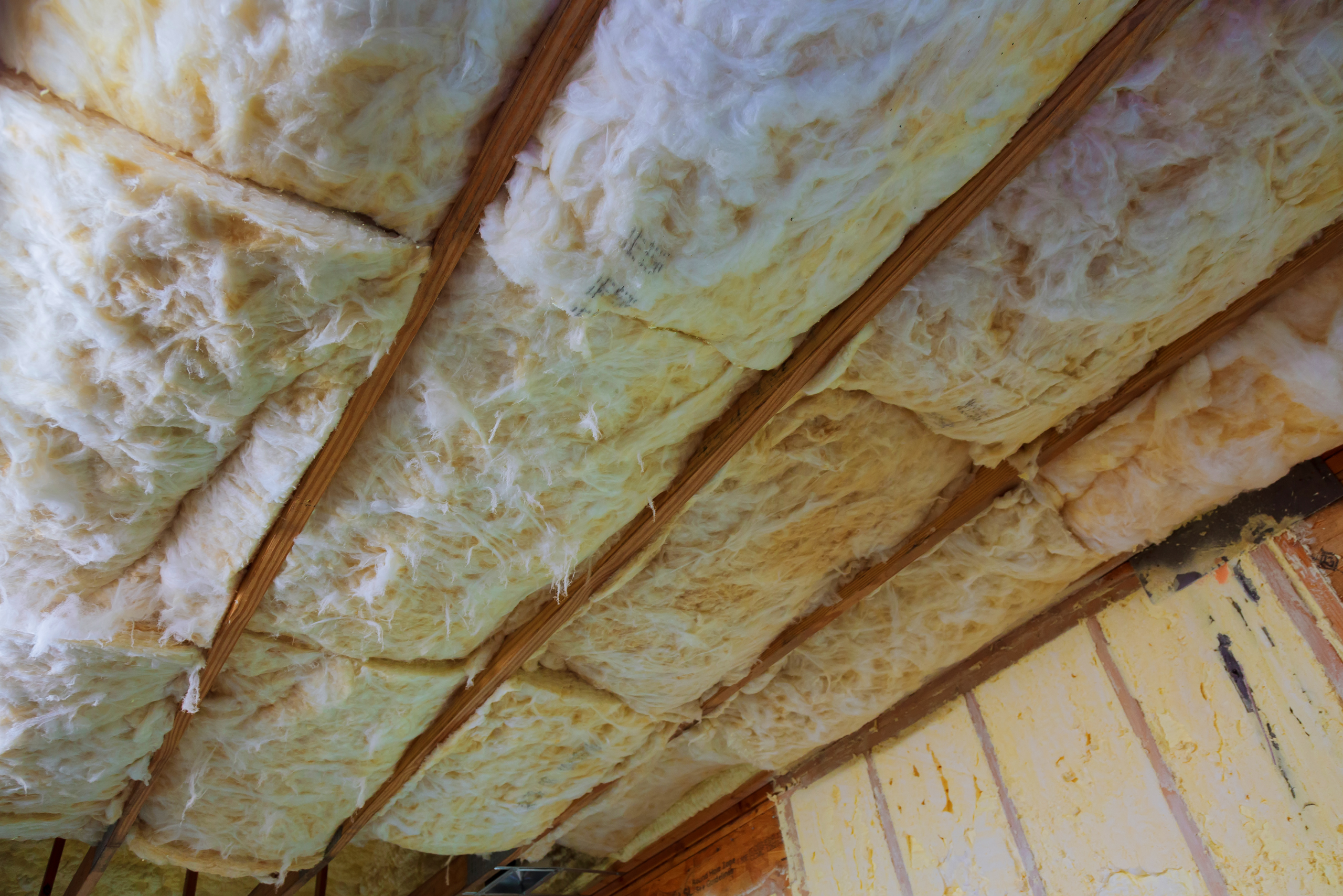 A basement ceiling with insulation packed between the beams for sound proofing.