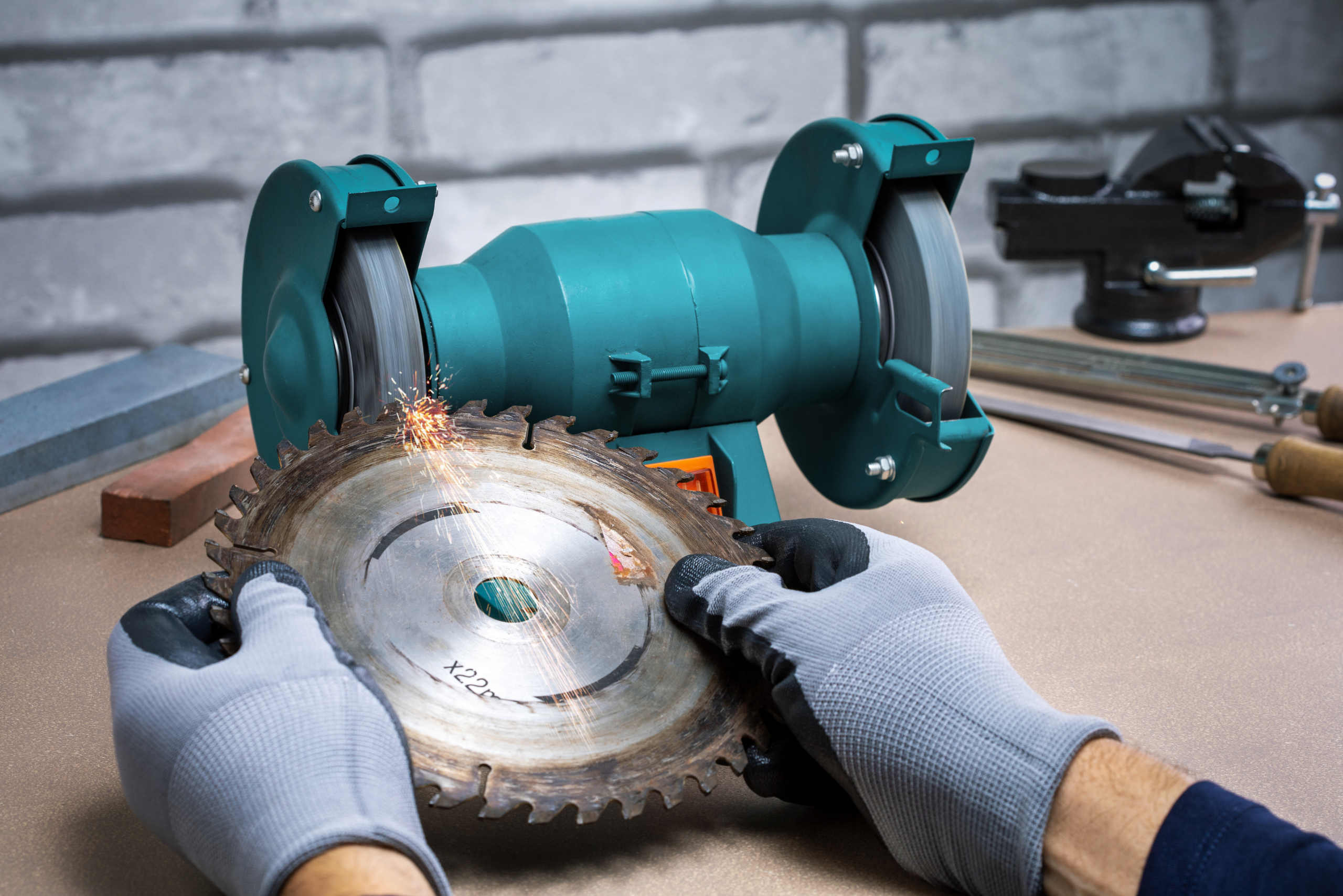 A closeup of someone's hands holding a circular saw's blade against a stone.