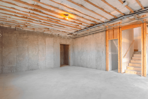 Unfinished basement with concrete walls and floors topped by an insulated ceiling.