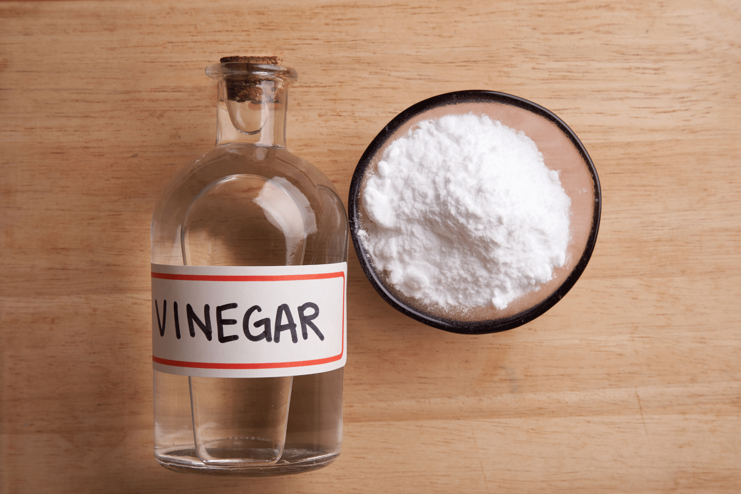 Vinegar bottle and a bowl of baking soda.