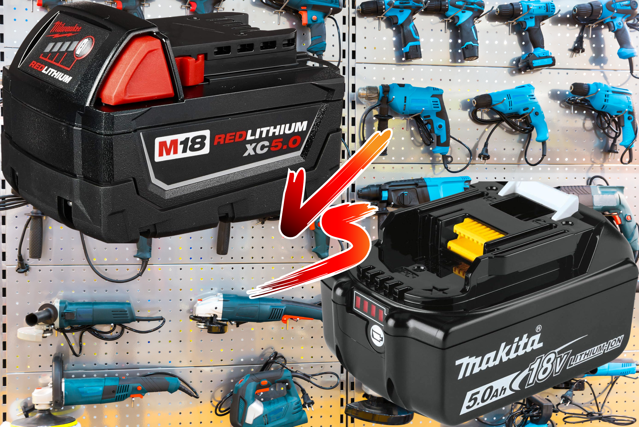 Two batteries with Vs. graphics flanked by a wall of power tools.