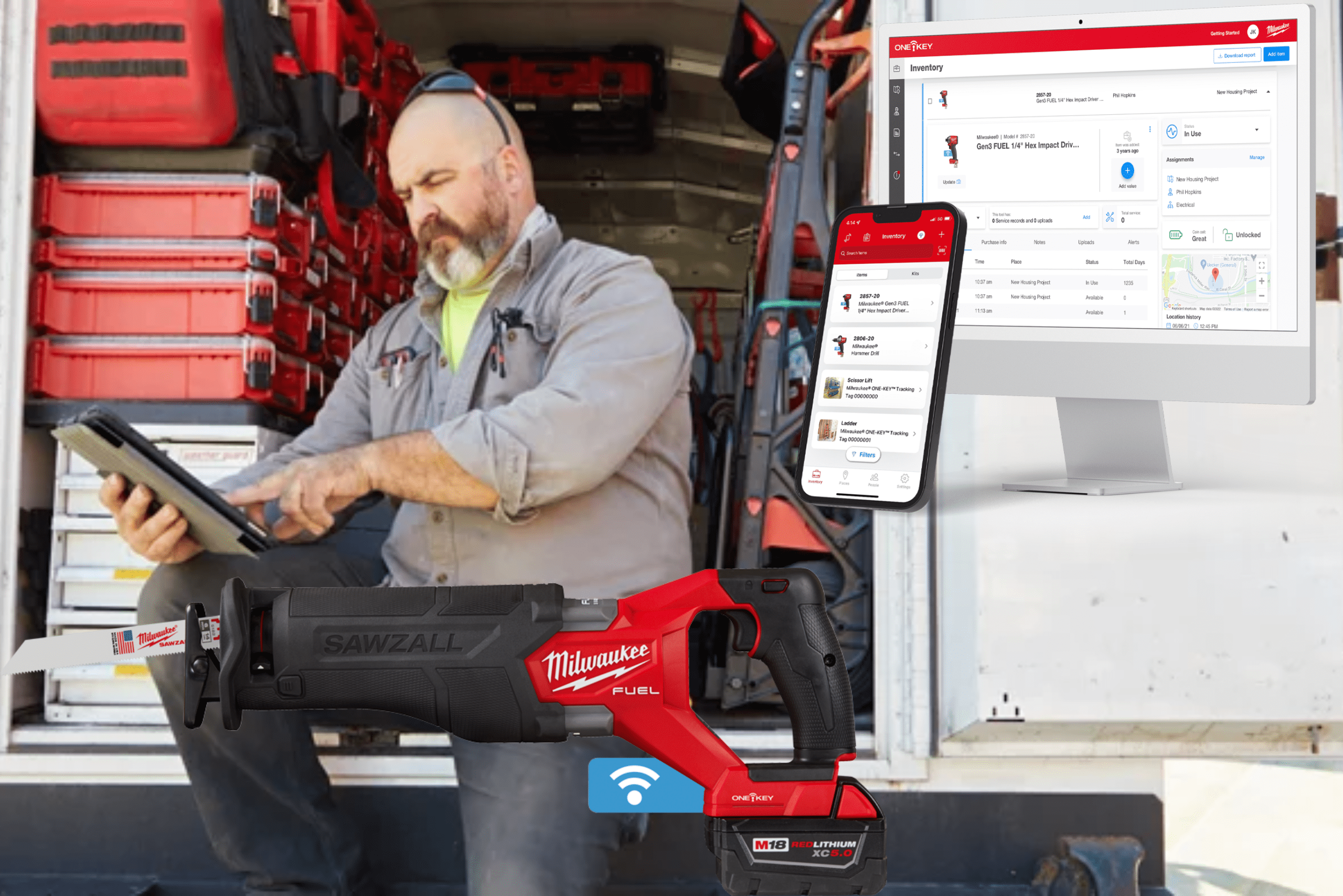 A person sitting on the side of a van with a tablet, overlaid are a computer, smartphone, and reciprocating power tool.