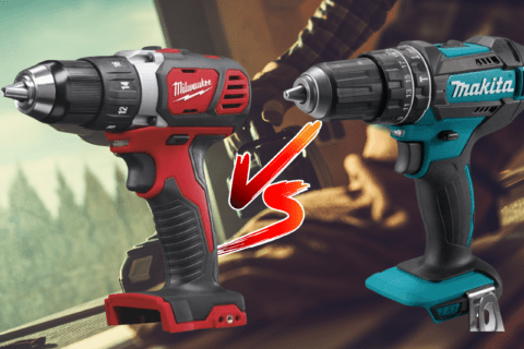 Two power drills with a vs graphics in the middle flanked by a background of a man reaching for a tool.