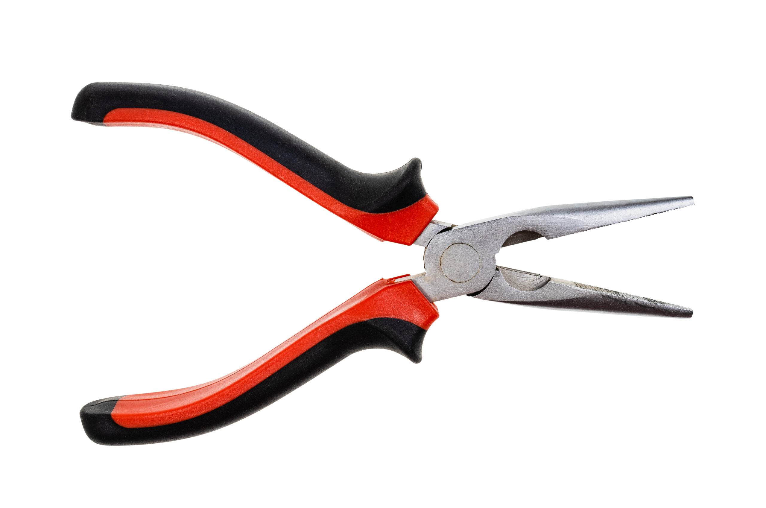 snipe-nose pliers with red and black rubber handle isolated on white background