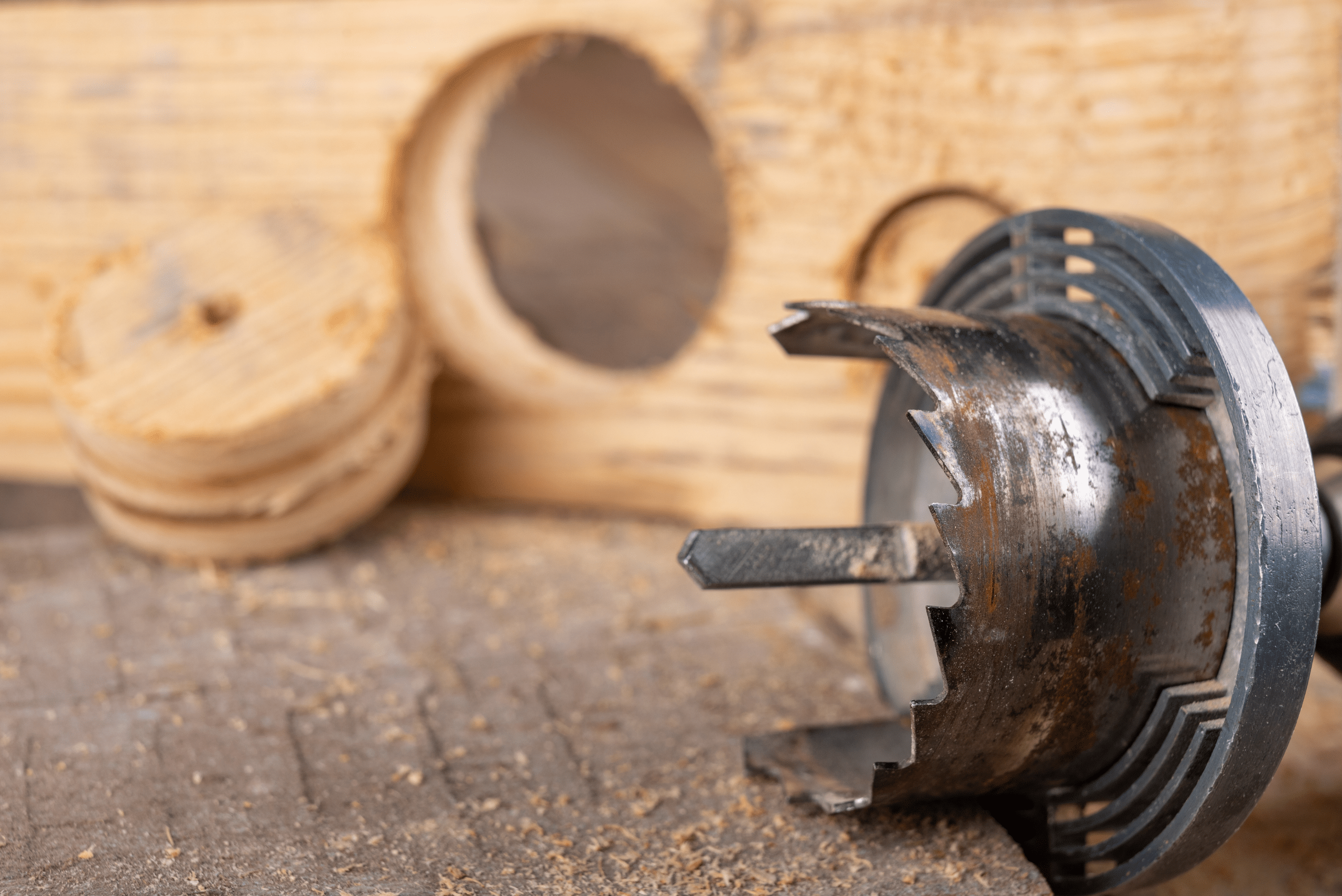 Drilling in wood to create a perfect circle.