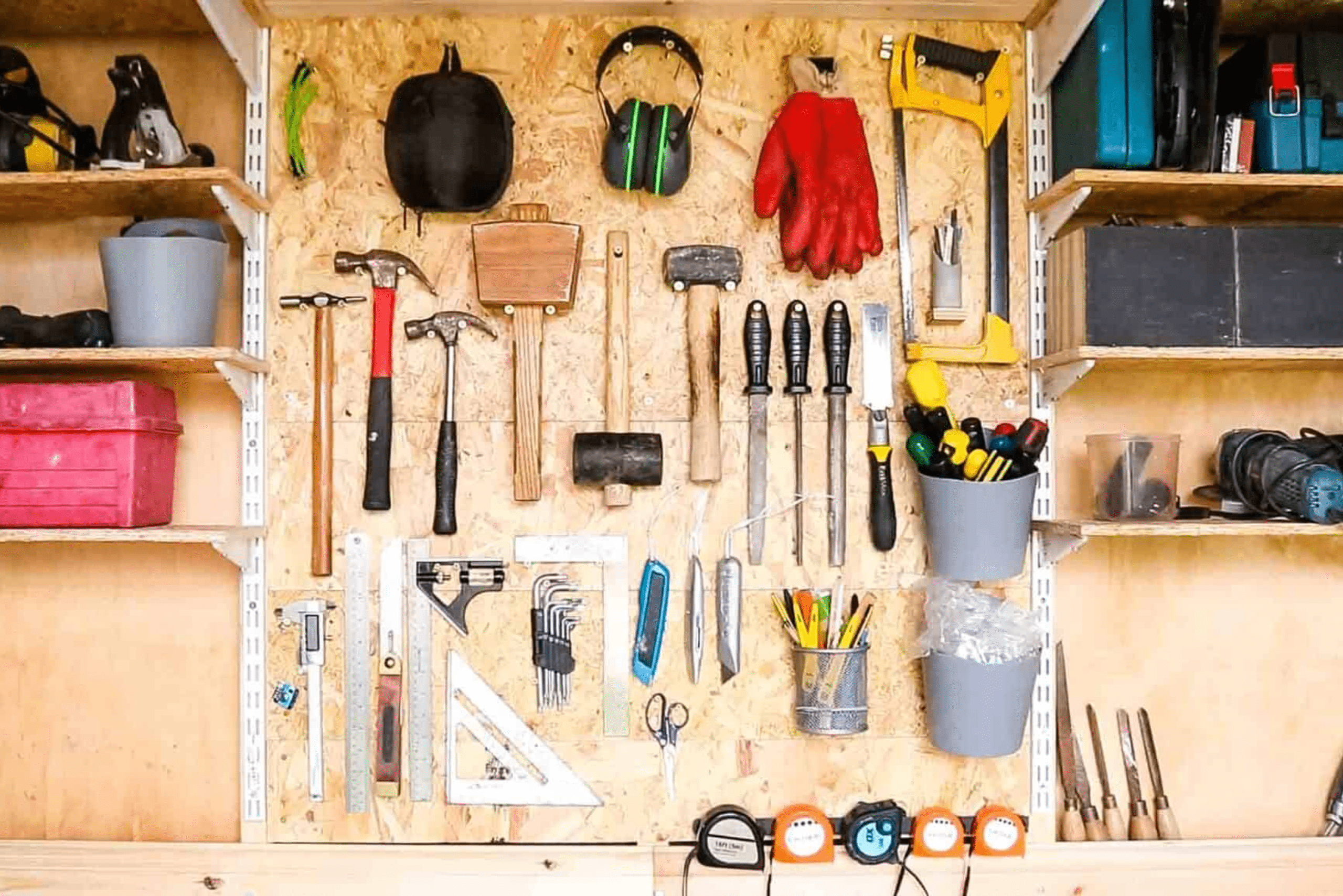 DIY tools hung on a wall.