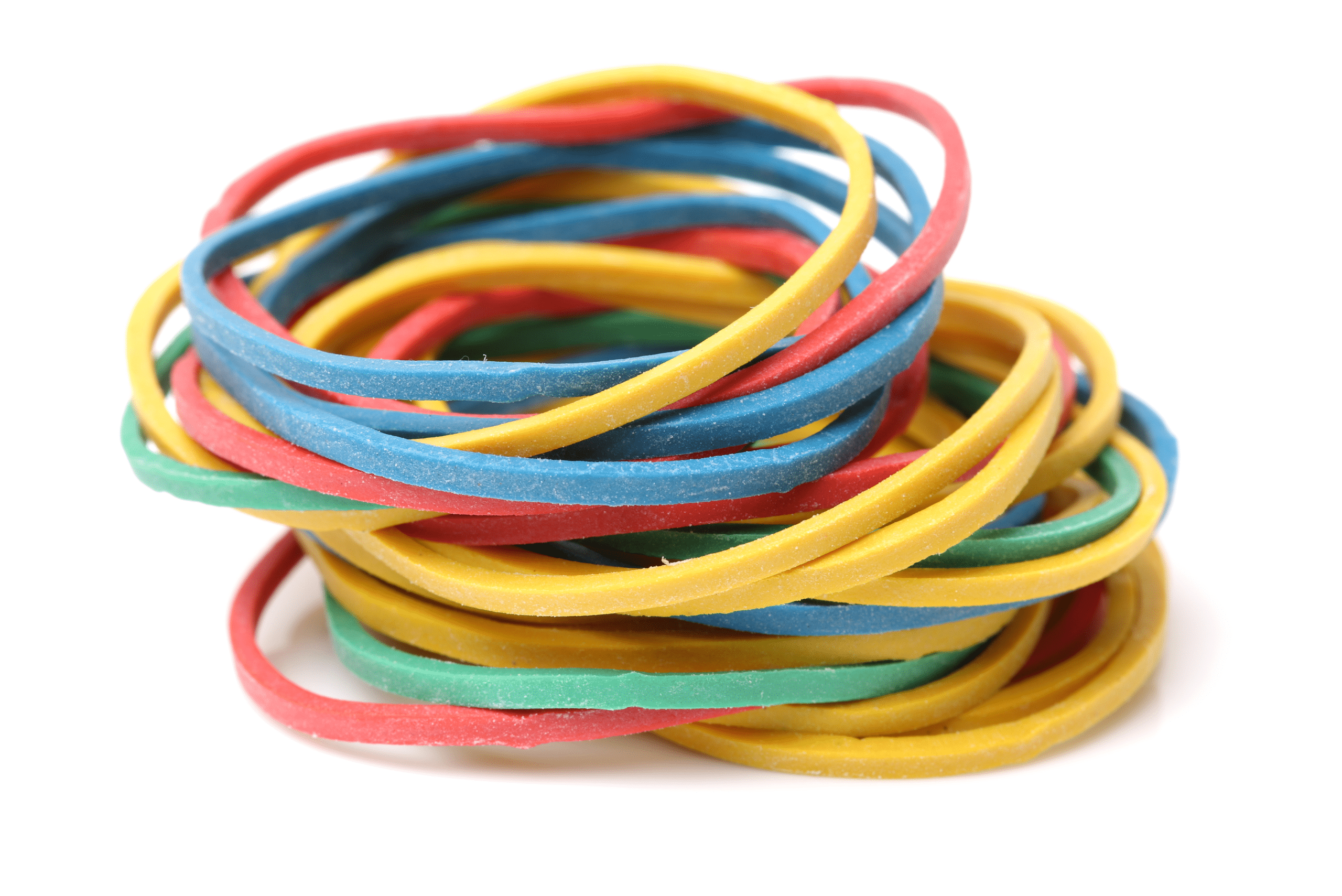 An assortment of rubber bands in various colors.