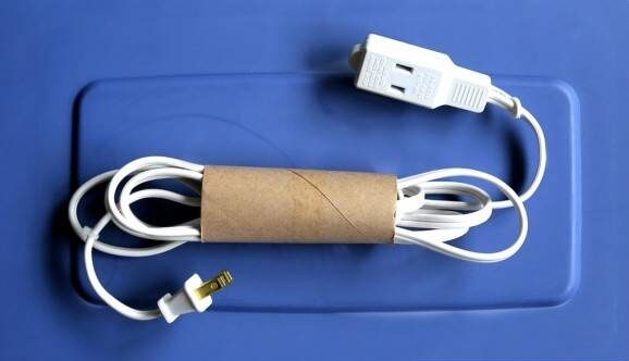 A cord inside a toilet paper roll.