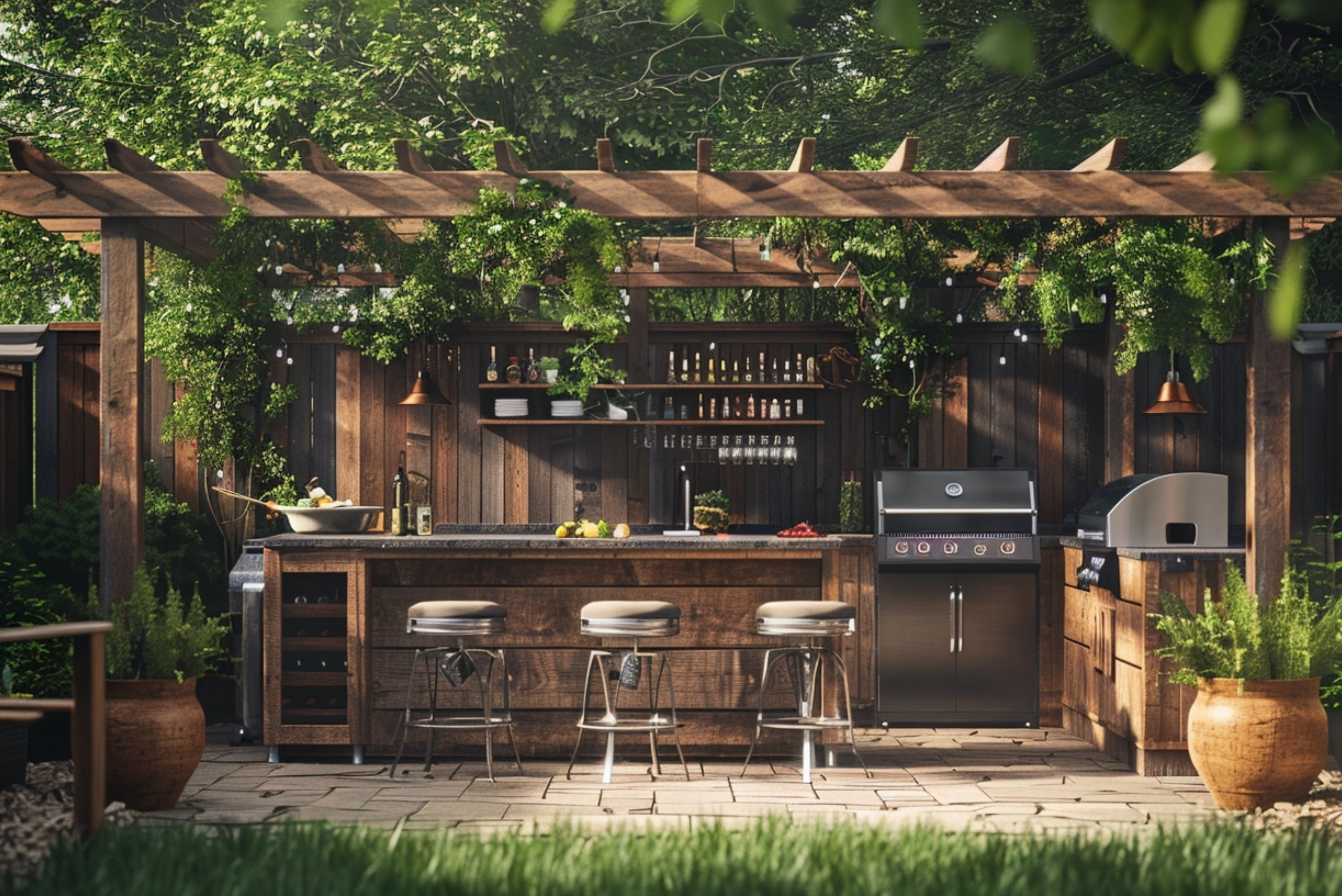 A DIY outdoor bar with green plants and modern stools.