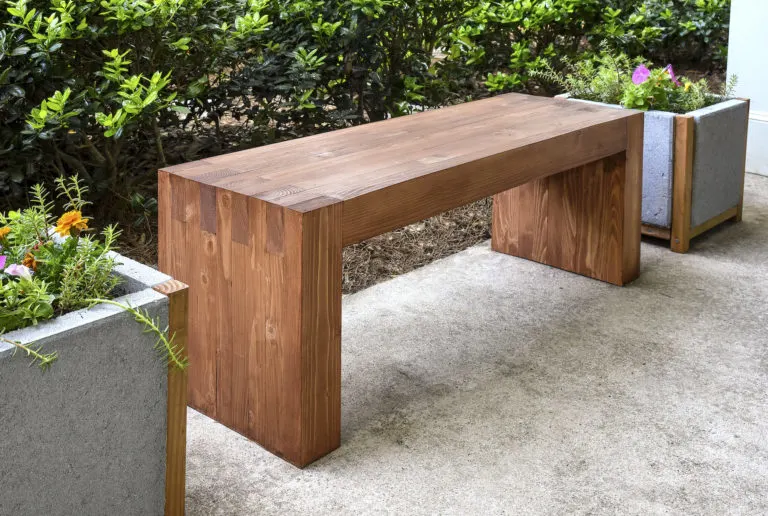 A wooden DIY outdoor bench.