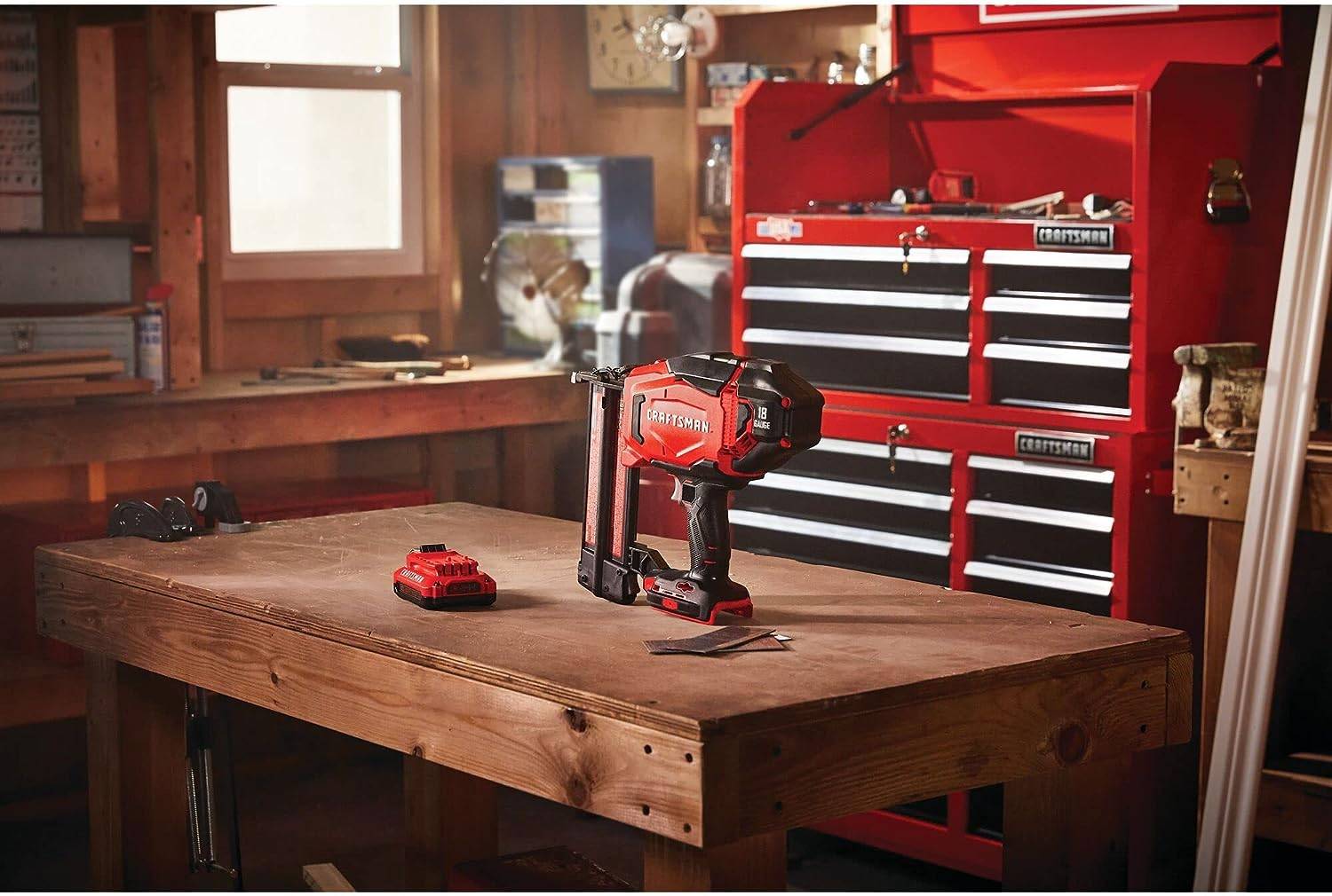 Brad nailer on a wooden work bench.