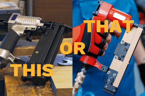 A brad nailer on the left and pin nailer on the right, overlaid text that reads 