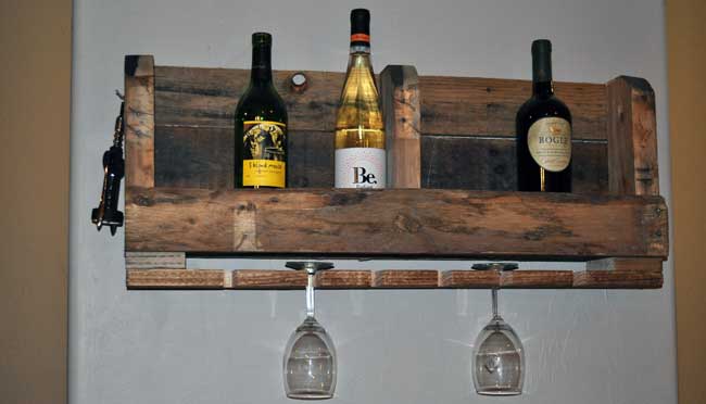 A wine rack made from wood pallets.