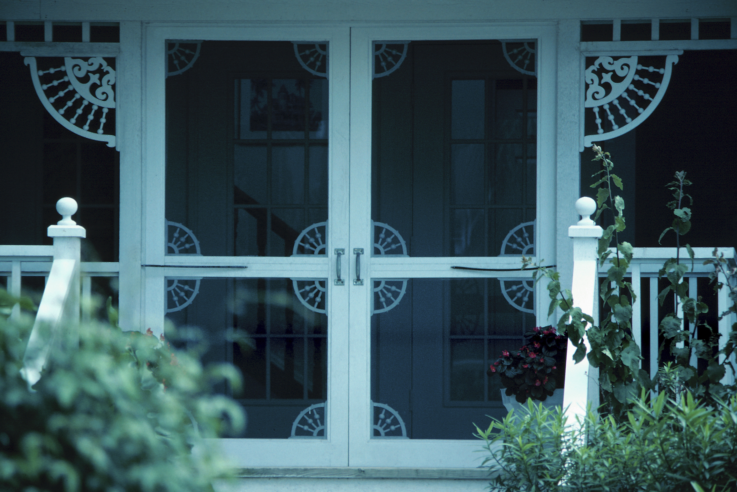 A double screen door with white frame.