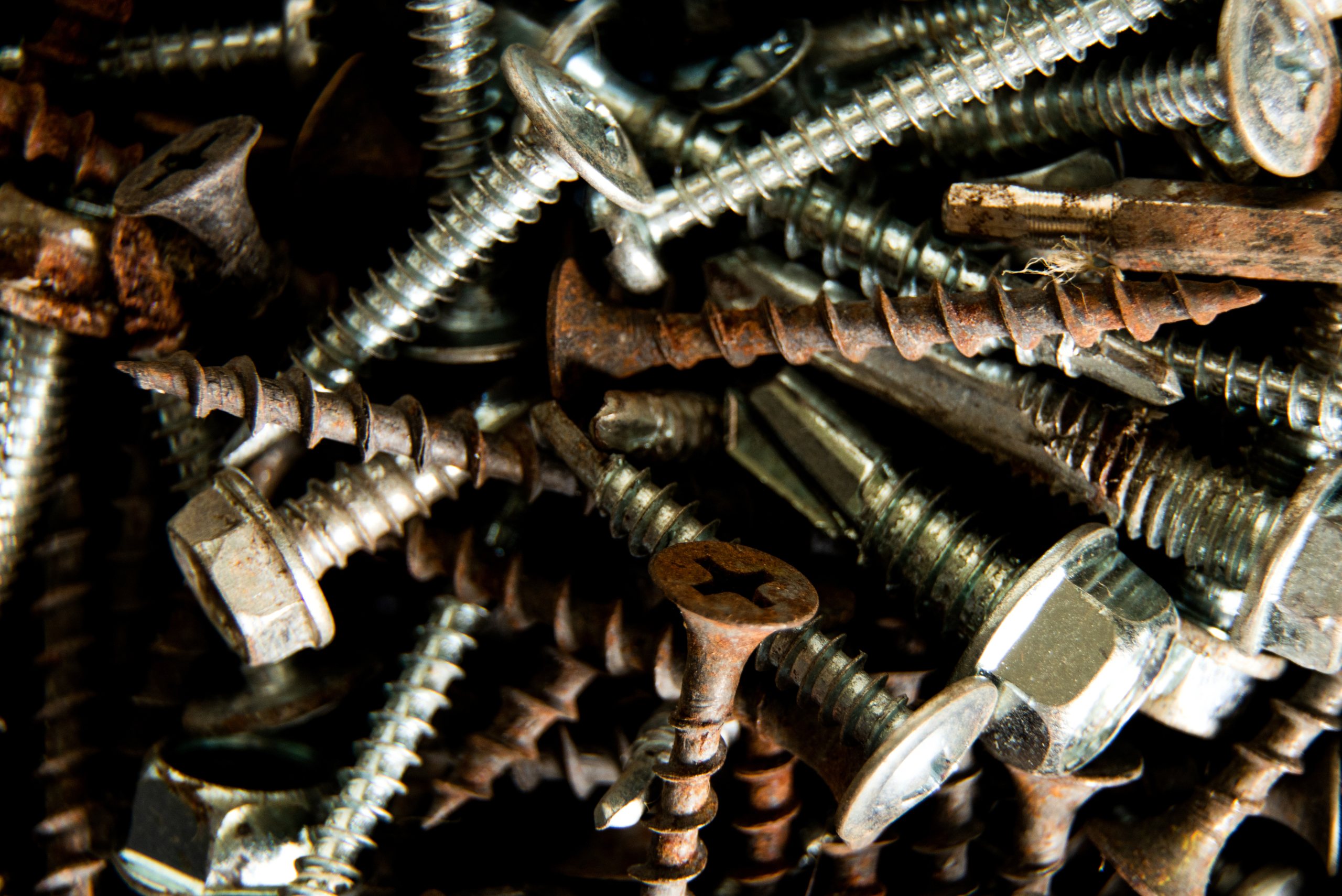 An assortment of screws, some are rusty.