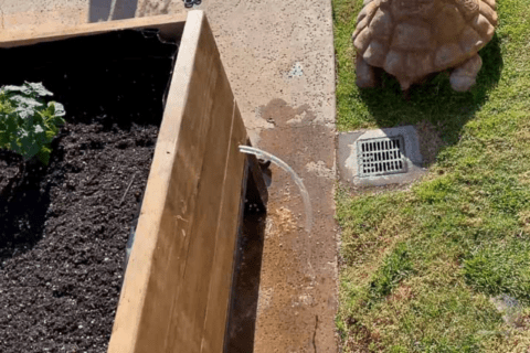 A larger planter box with self-watering system and drain.