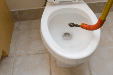 A toilet snake being inserted into toilet bowl.