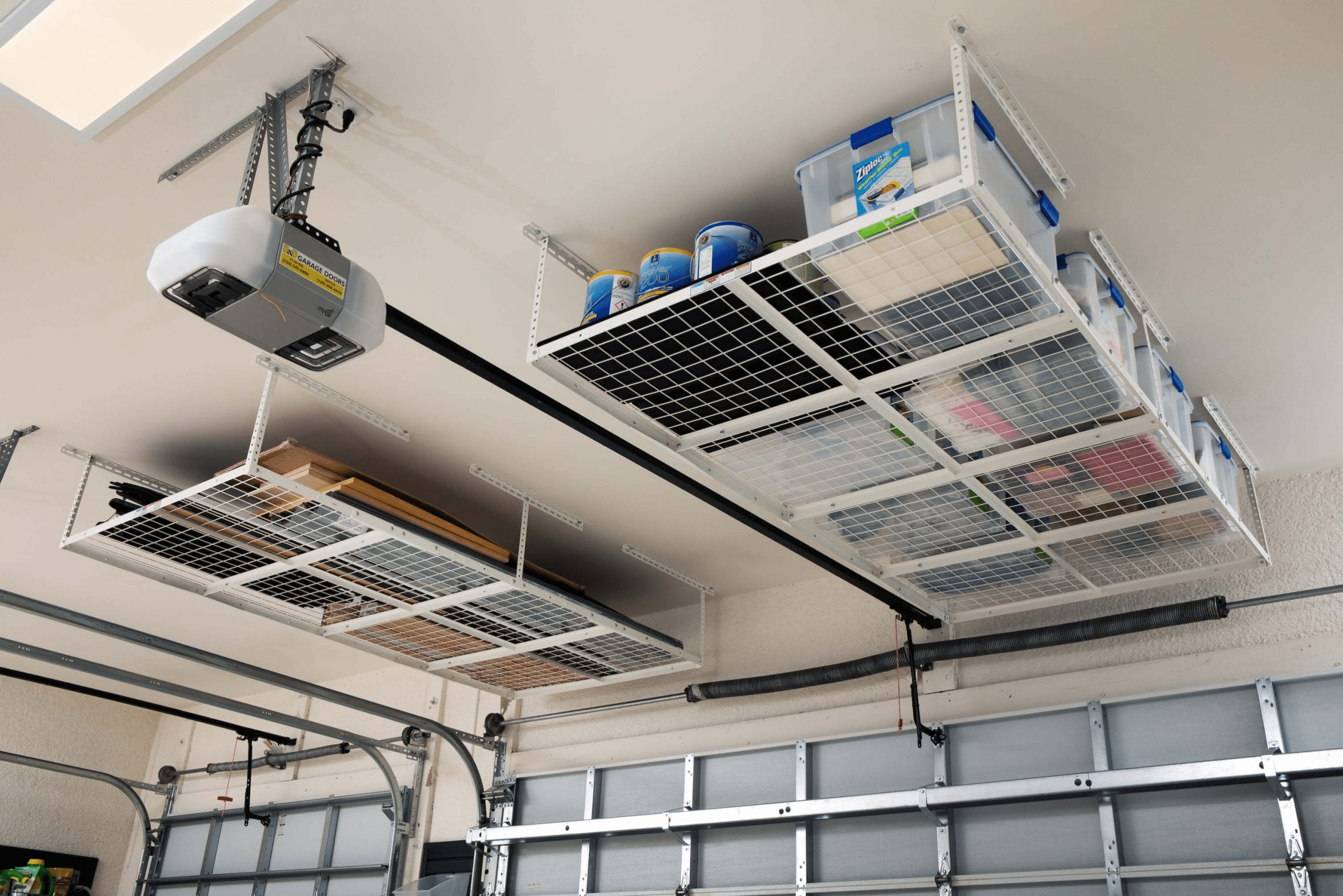 A garage with overhead storage.