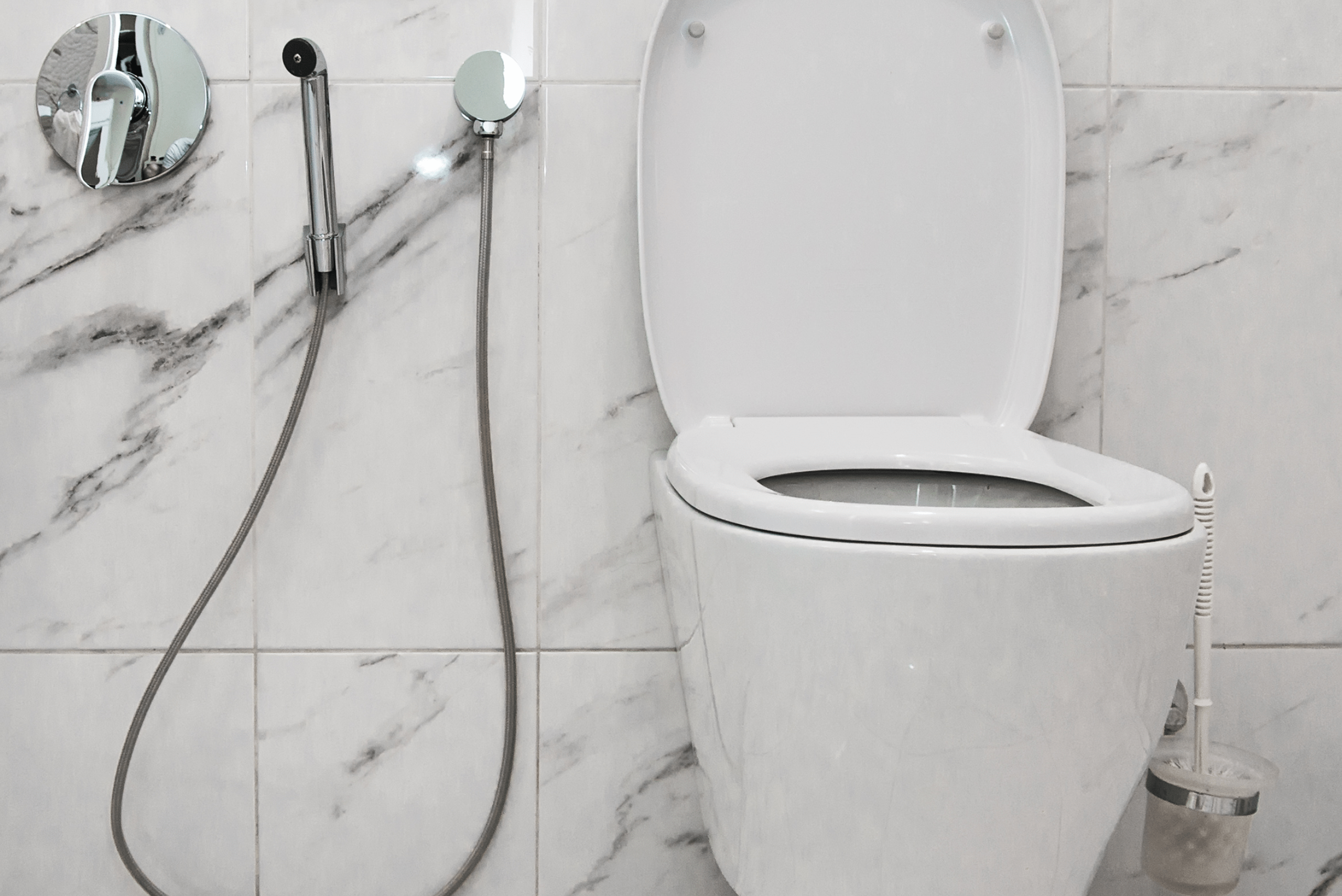 A hose-style bidet mounted beside a toilet in bathroom.