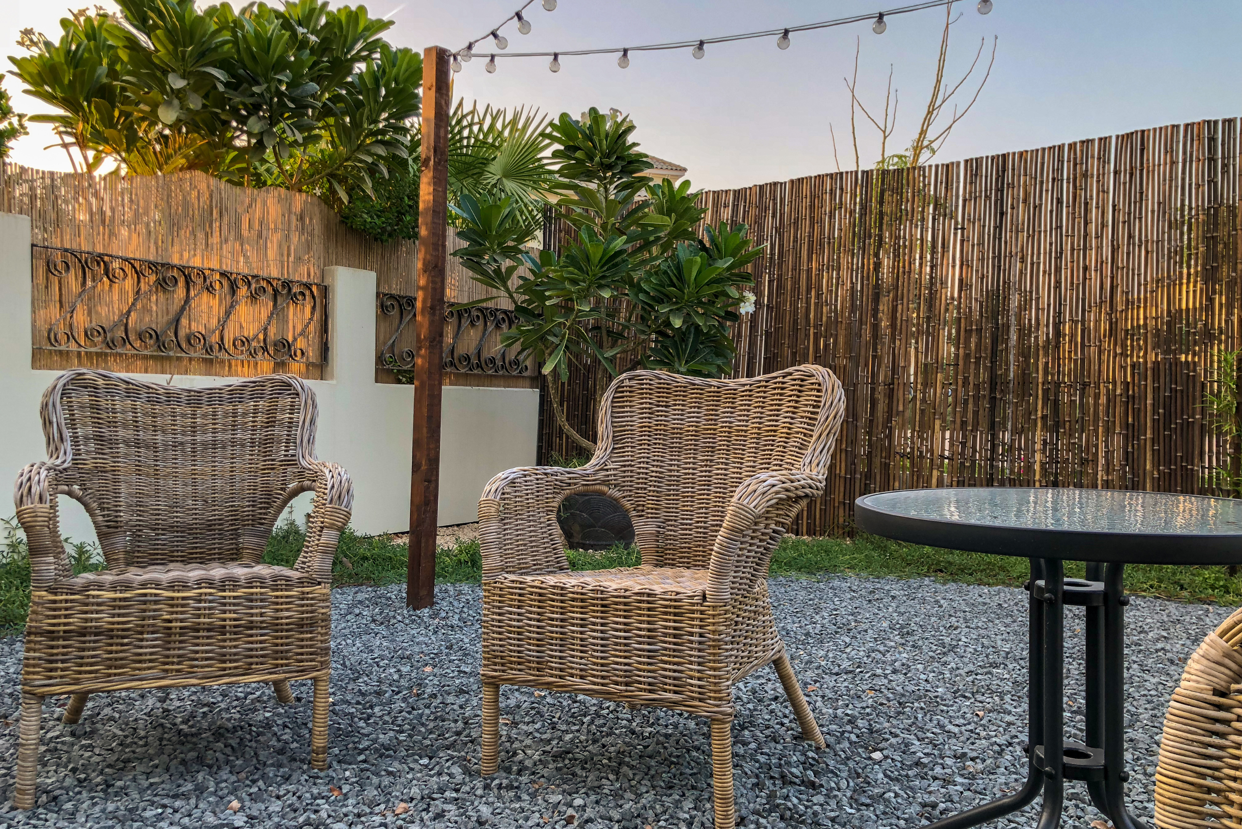 Patio furniture on gravel.