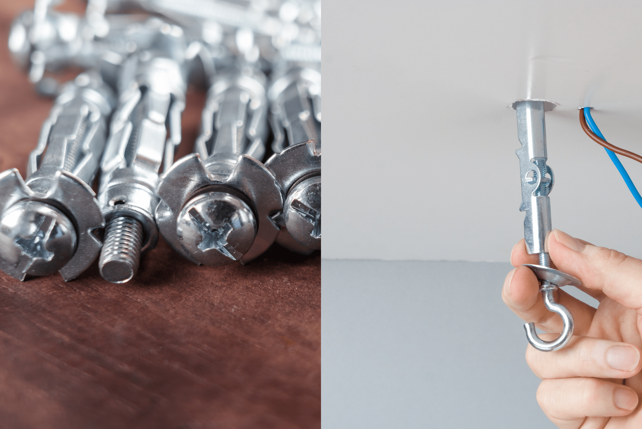 Molly bolts on the left and toggle bolt on the right being inserted into the ceiling.