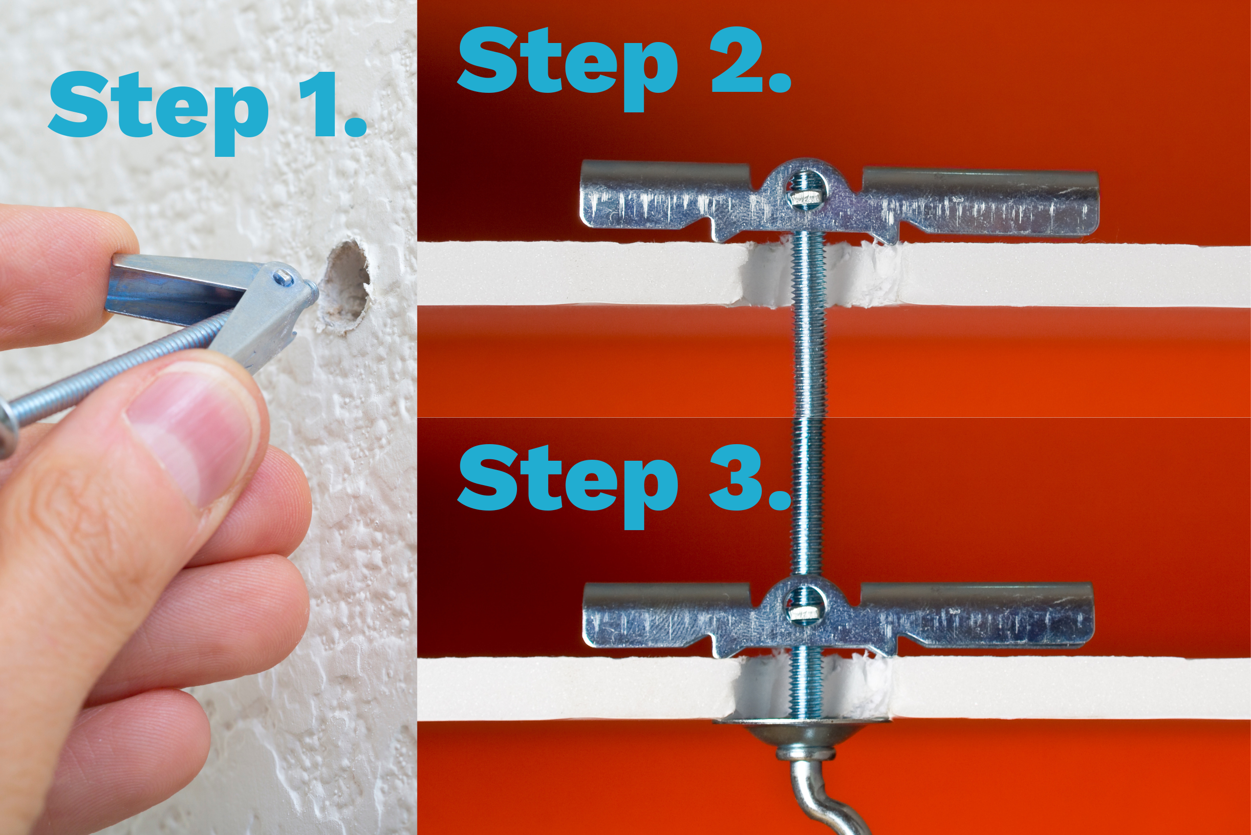 Step by step picture for how to use toggle bolts.