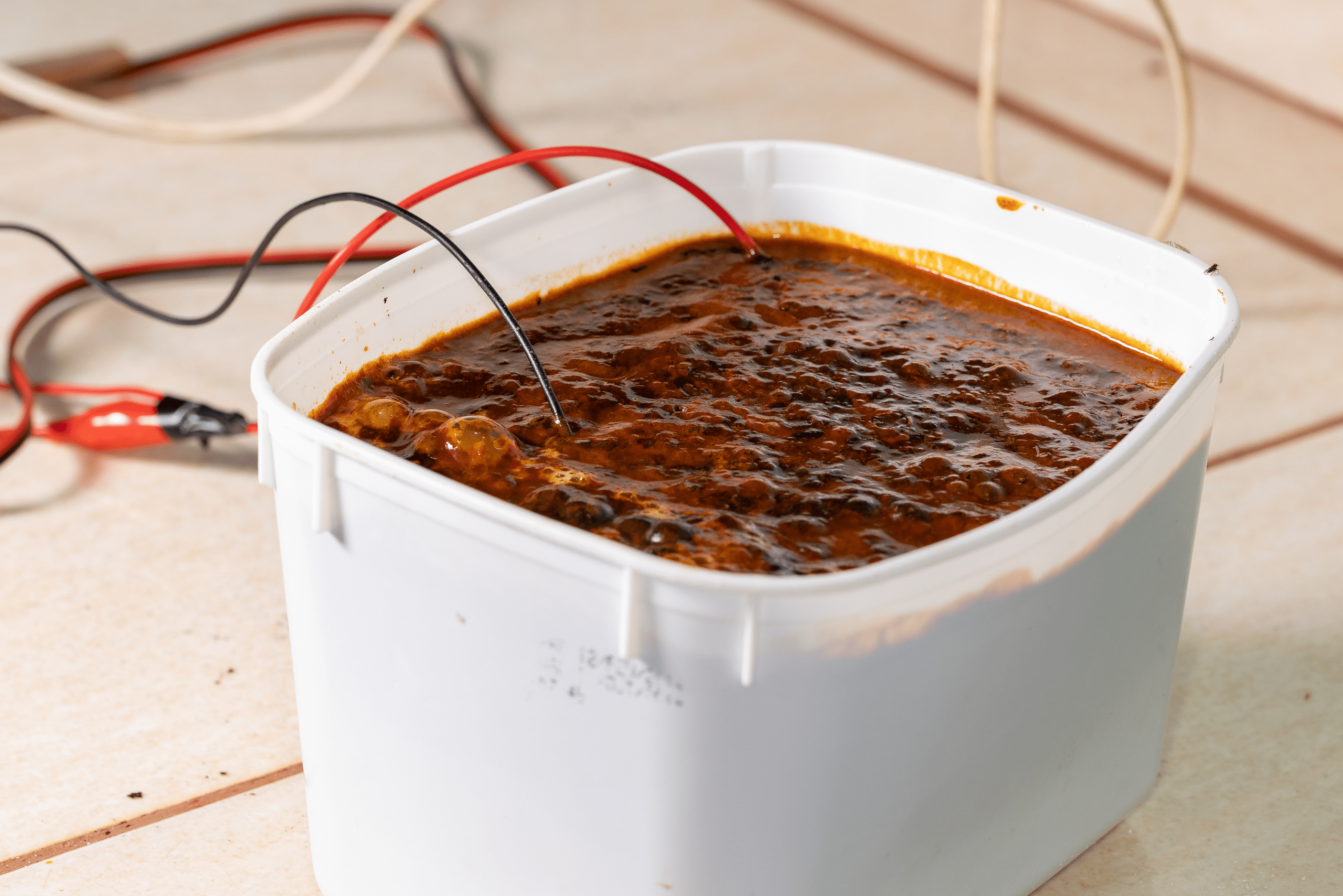 Electrolysis rust removal bucket with wires in the fluid.