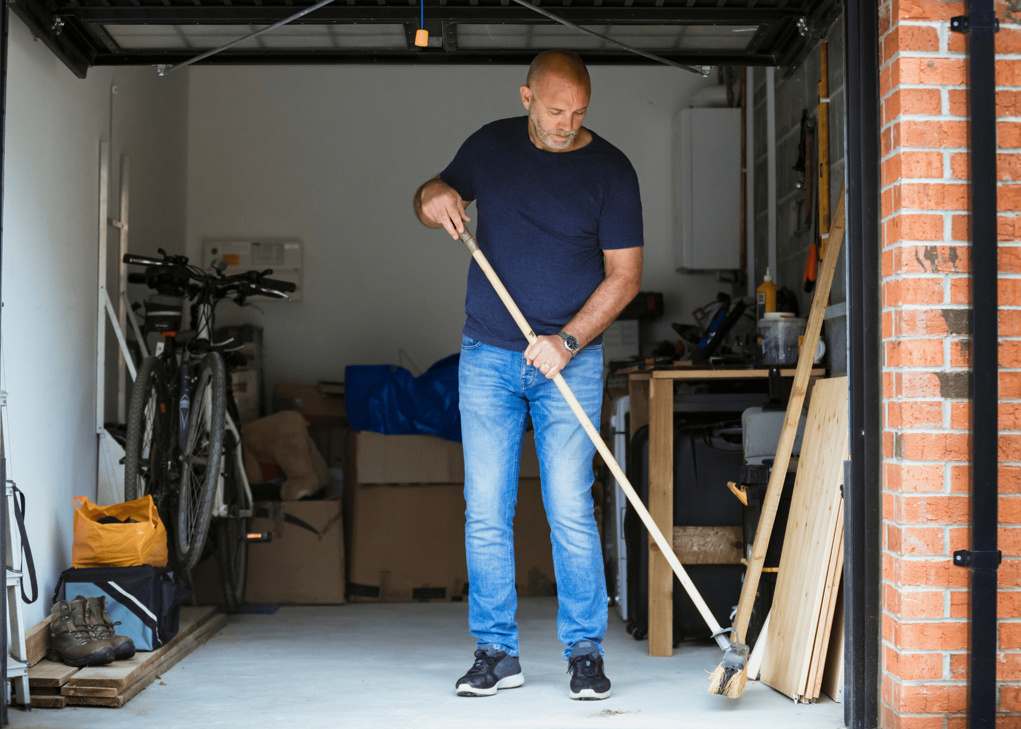 man sweeping out garage