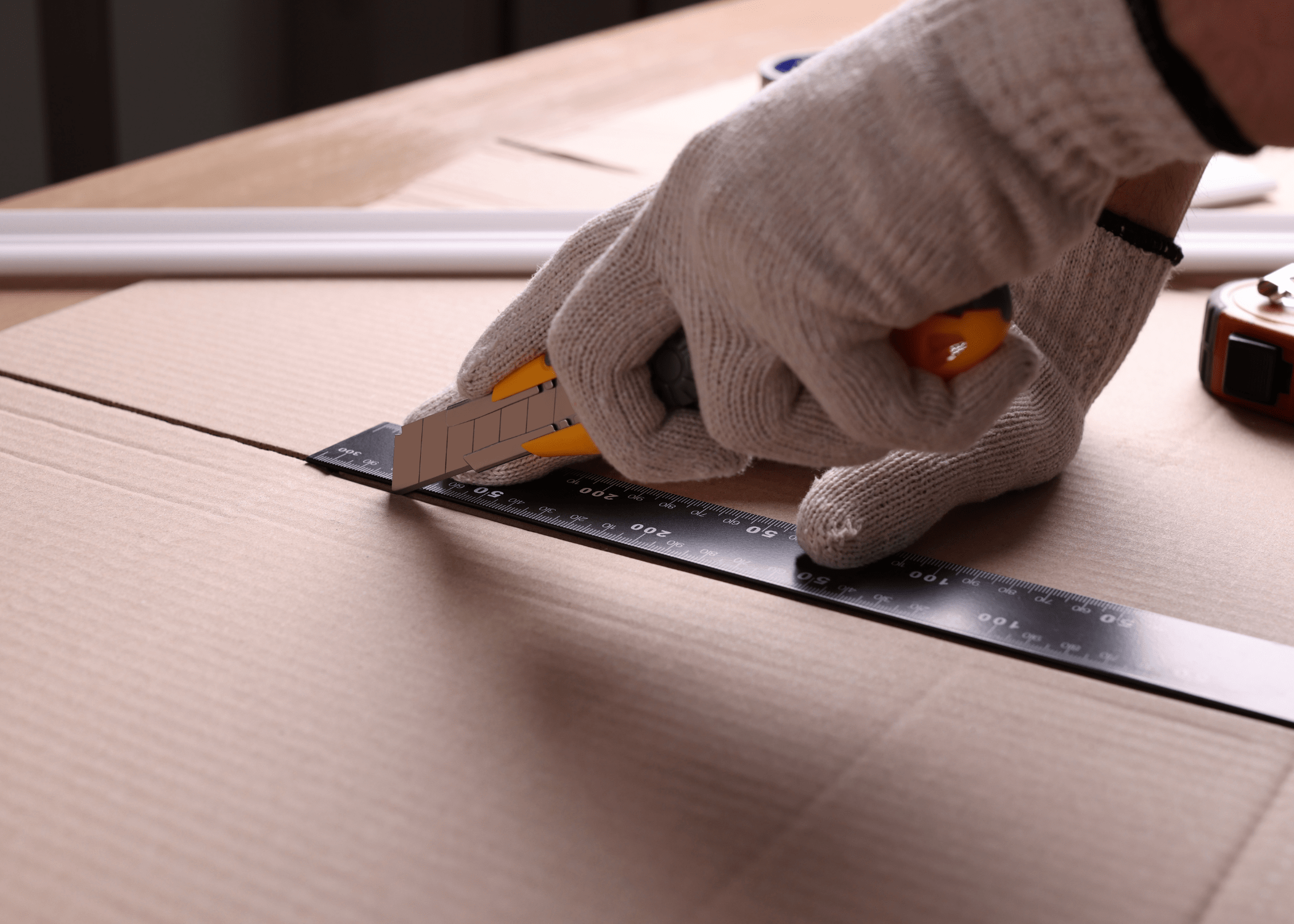 man wearing gloves cutting cardboard with a utility knife