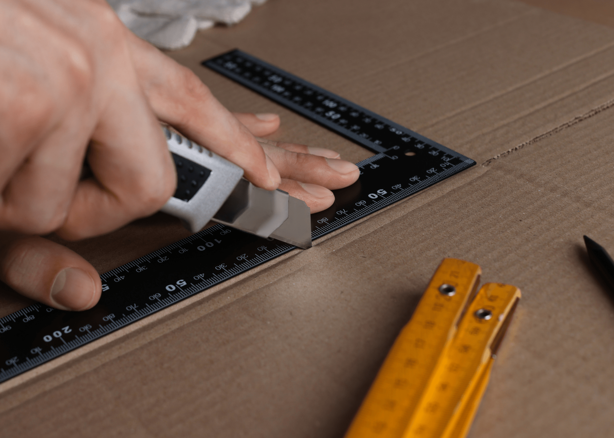 close up of man cutting cardboard with a utility knife