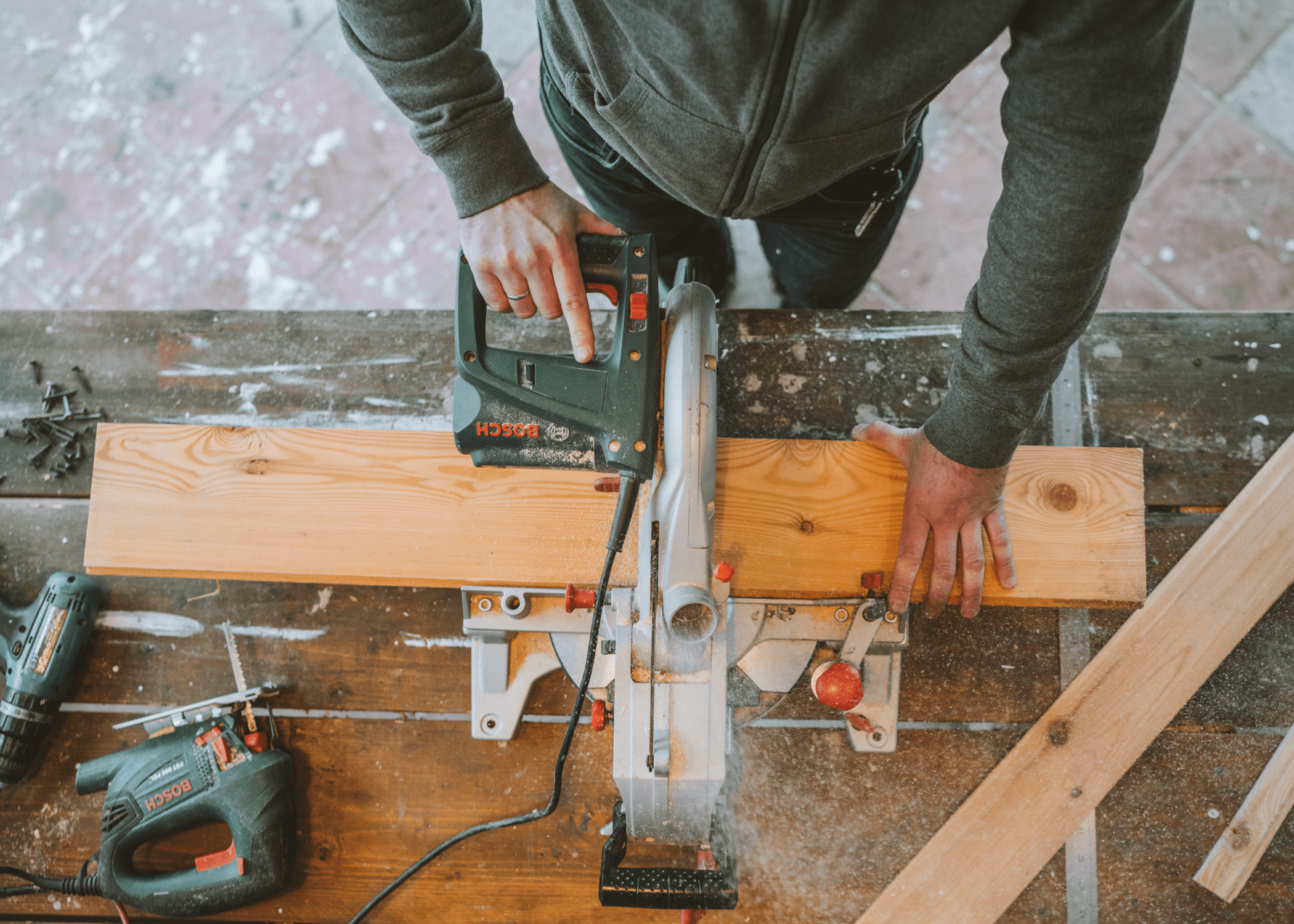 cutting wood with a mitre saw