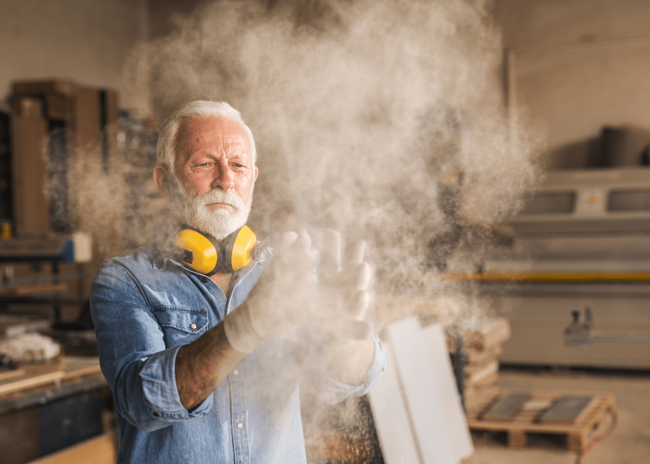 man in workshop clapping dust off his gloves